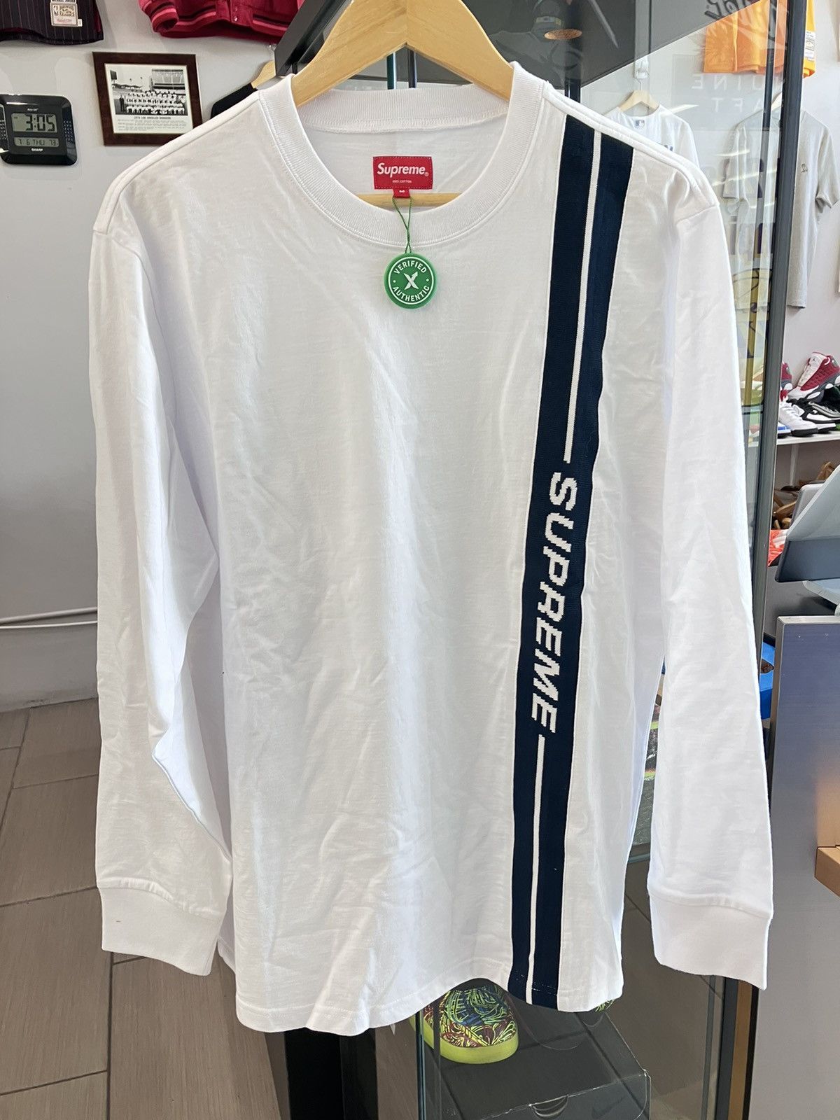 Supreme NEW Supreme Vertical Logo Stripe L/S Shirt White Blue