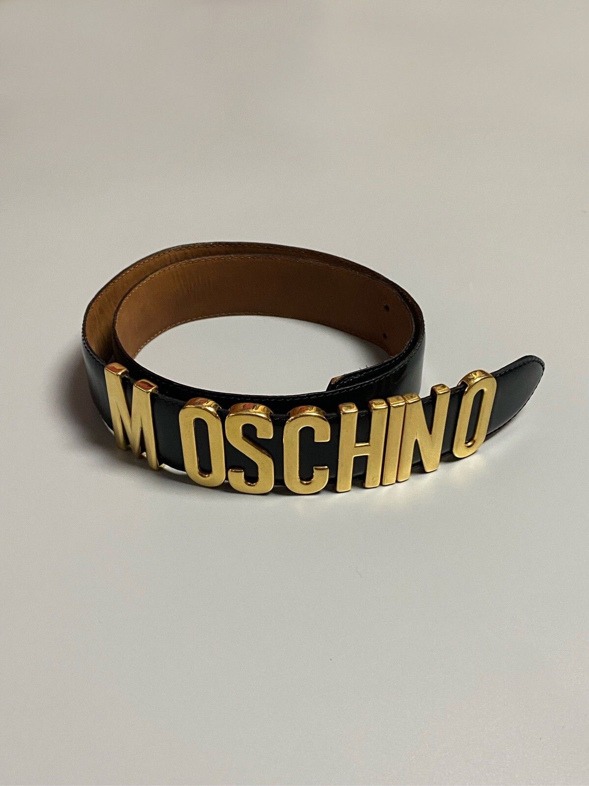 Pre-owned Moschino Leather Belt Redwall Big Gold Letters Vintage In Black/gol
