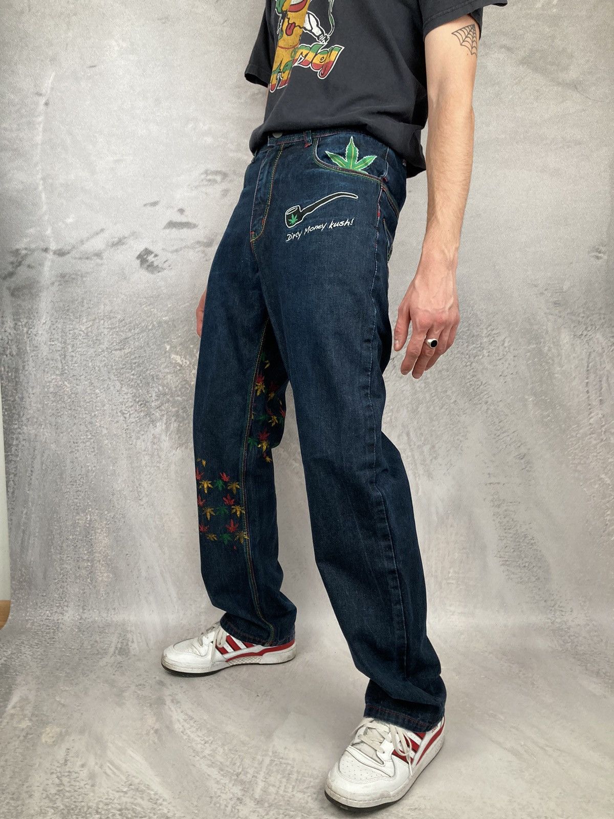 Other Vintage RARE Dirty Money Kush Denim Jeans Embroidered 90s Size US 30 / EU 46 - 3 Thumbnail