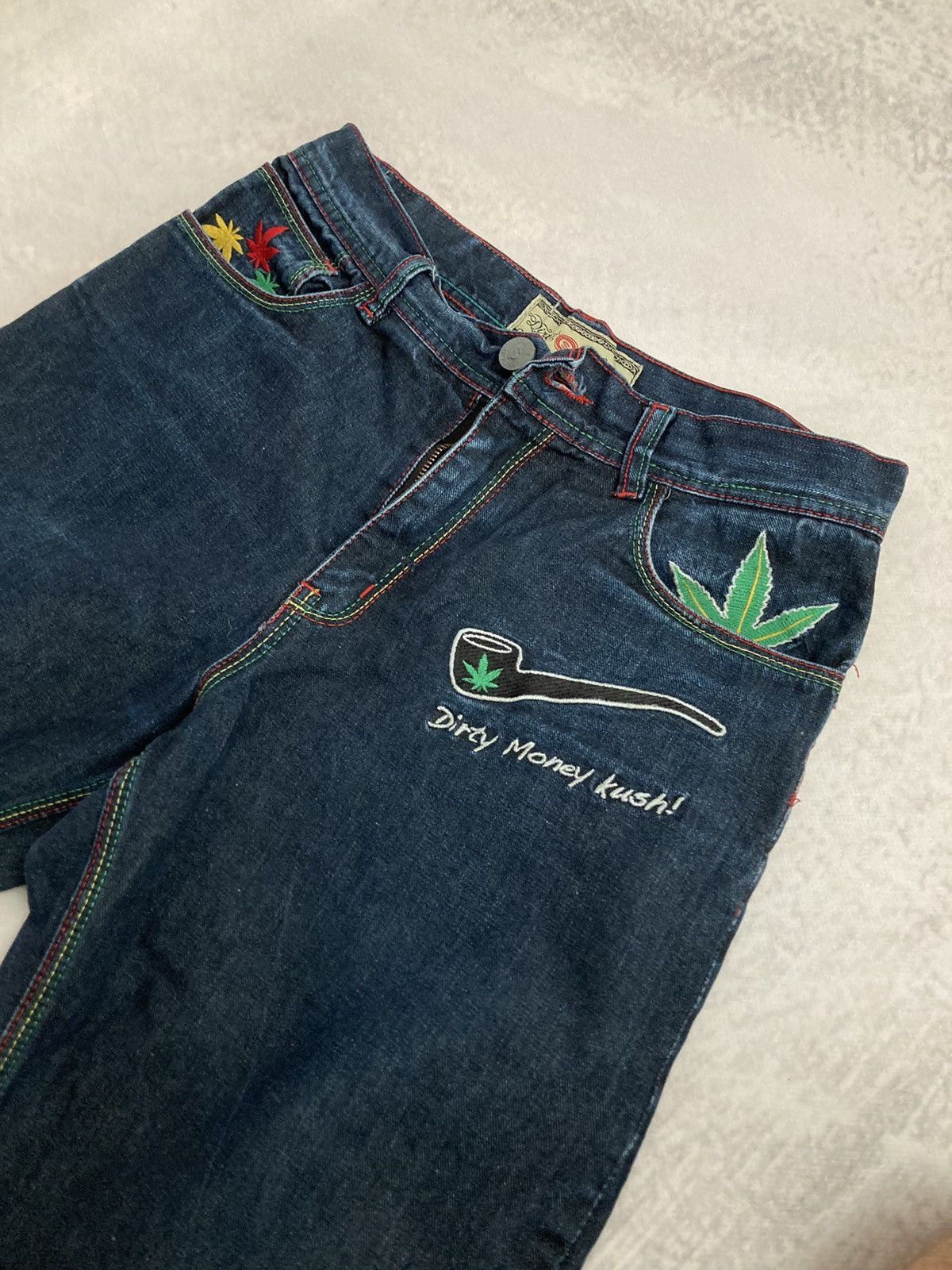 Other Vintage RARE Dirty Money Kush Denim Jeans Embroidered 90s Size US 30 / EU 46 - 6 Thumbnail