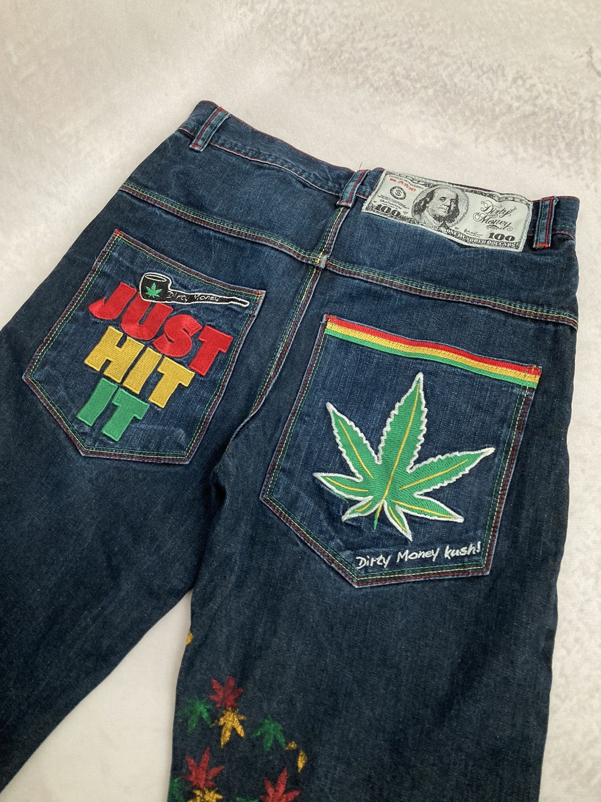 Other Vintage RARE Dirty Money Kush Denim Jeans Embroidered 90s Size US 30 / EU 46 - 5 Thumbnail