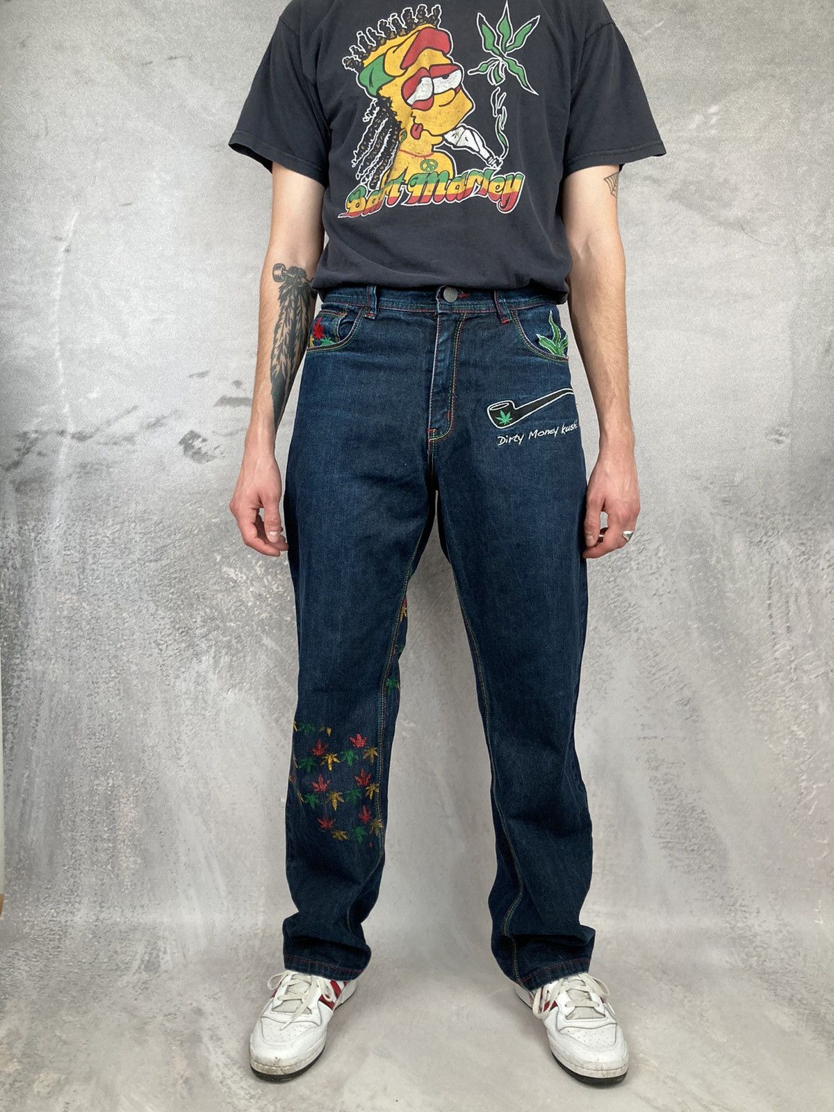 Other Vintage RARE Dirty Money Kush Denim Jeans Embroidered 90s Size US 30 / EU 46 - 2 Thumbnail