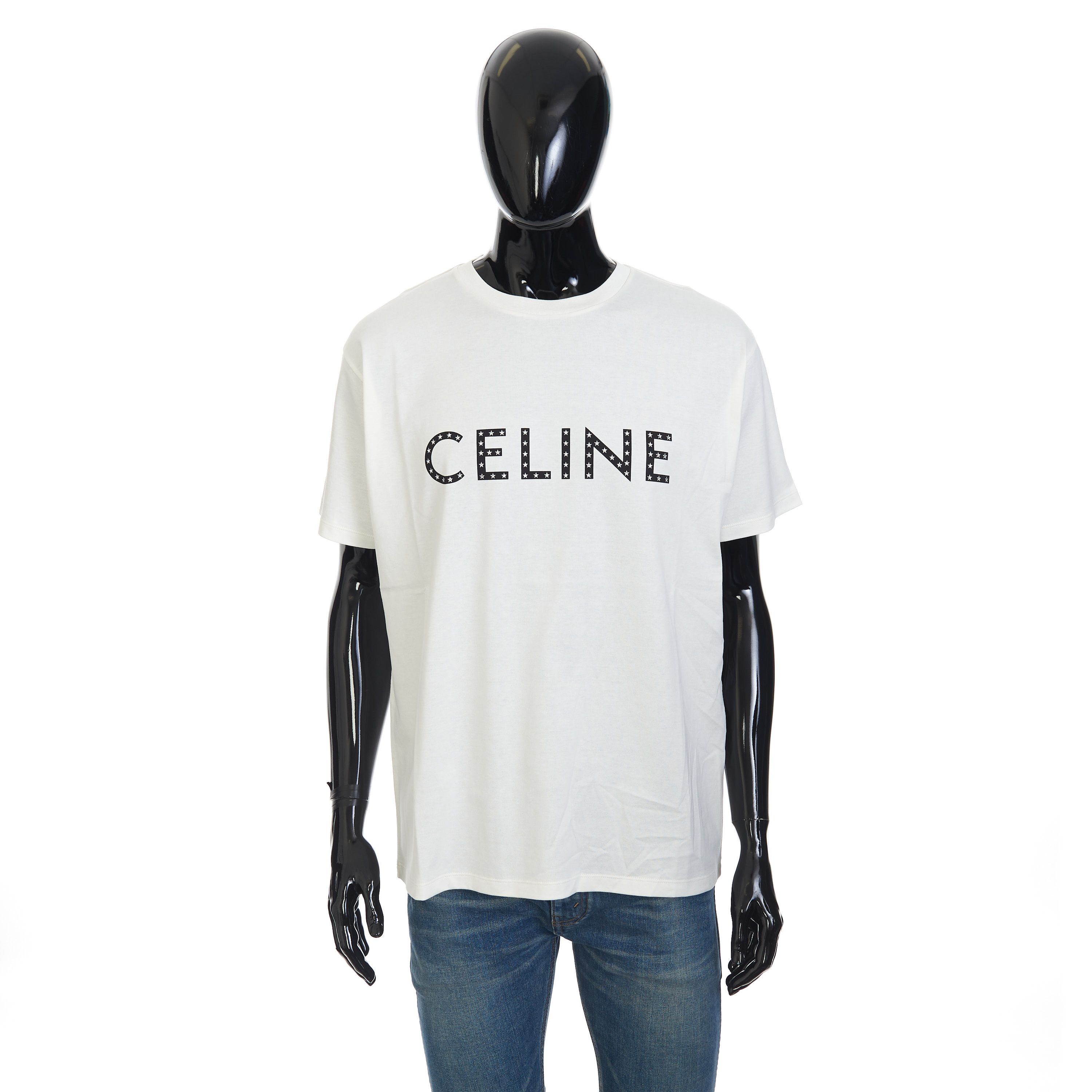 image of Celine T-Shirt W/ Rhinestone-Studded Logo Print in Off White, Men's (Size 2XL)