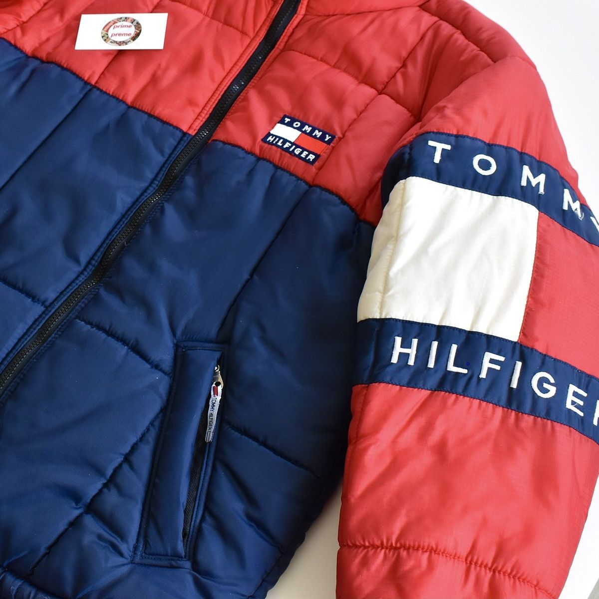 Vintage 00s Grey Khaki Tommy Hilfiger Hooded Down Feather Long Puffa Jacket L