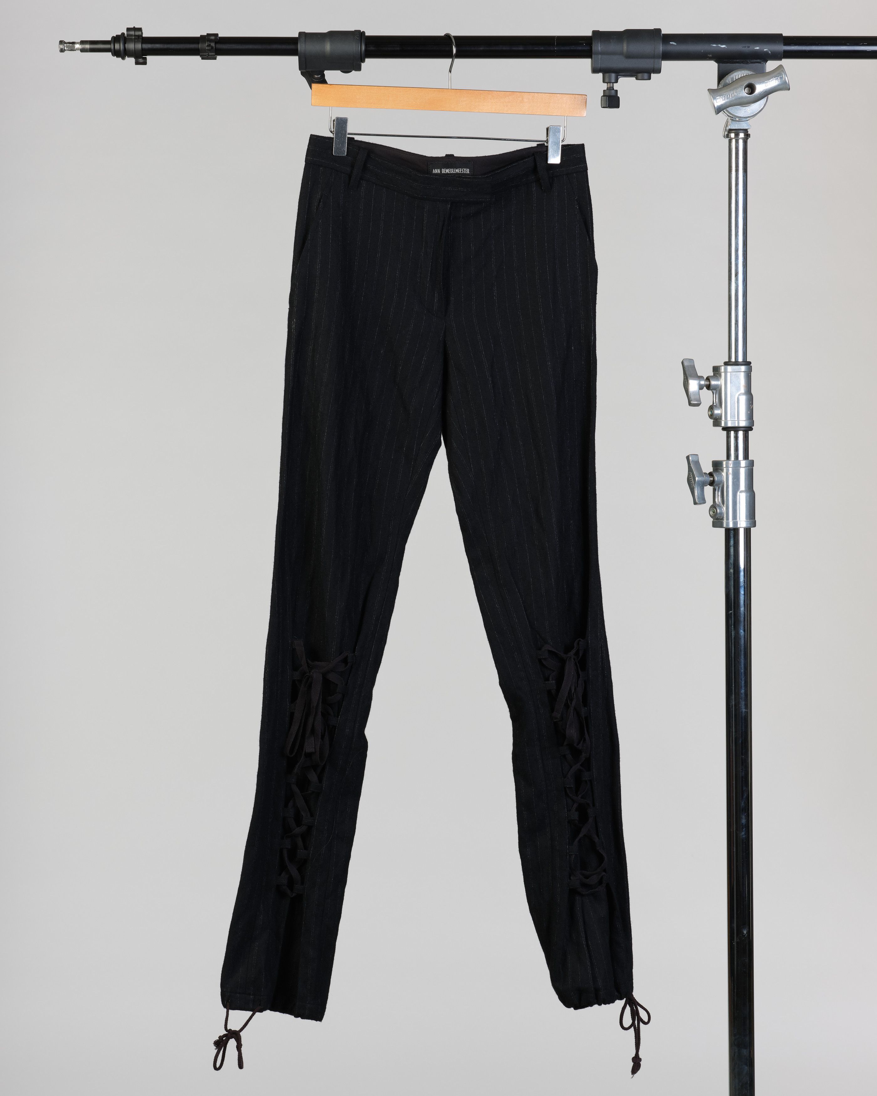image of Ann Demeulemeester 90's Pinstripe Pants With Lace Up Detail in Black, Women's (Size 26)