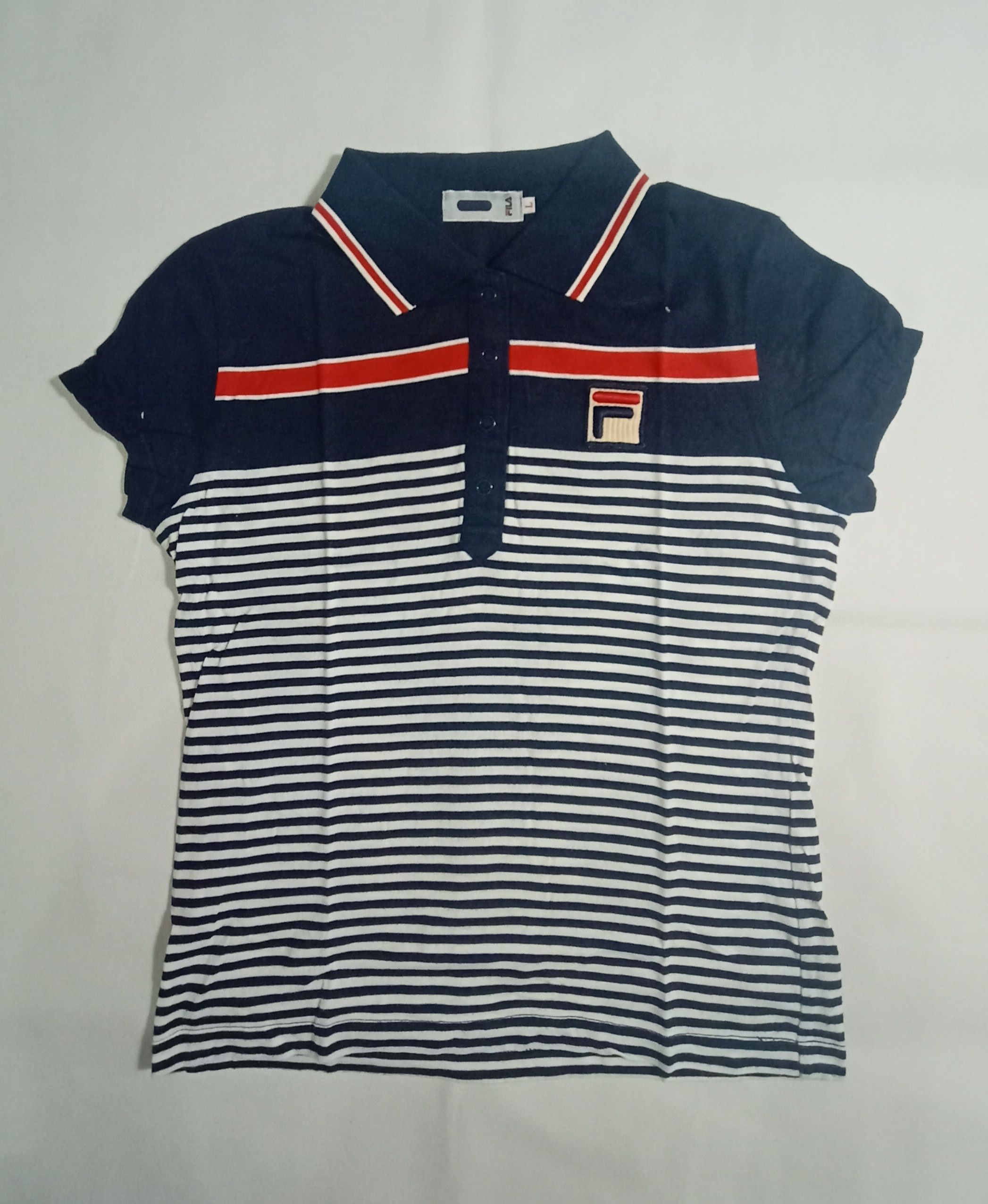 image of Vintage Fila Polo Shirt Snap Button Cap Sleeve in White Dark Blue Striped, Women's (Size 2XS)