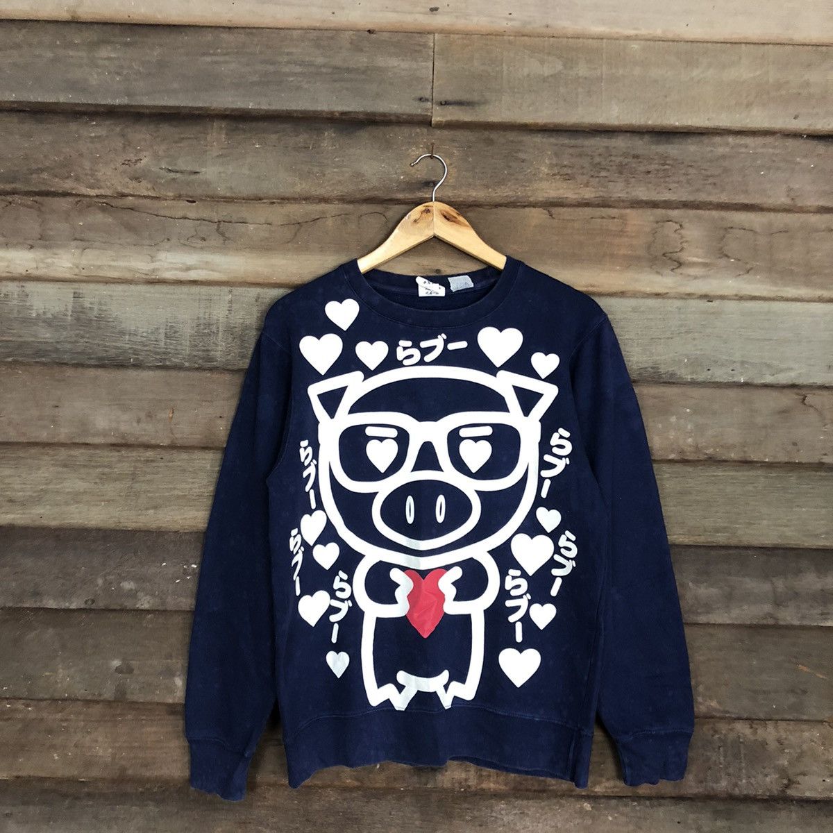 Japanese Brand Japan Pig Cartoon Dark Blue Big Logo Sweatshirt #133B Size US M / EU 48-50 / 2 - 1 Thumbnail
