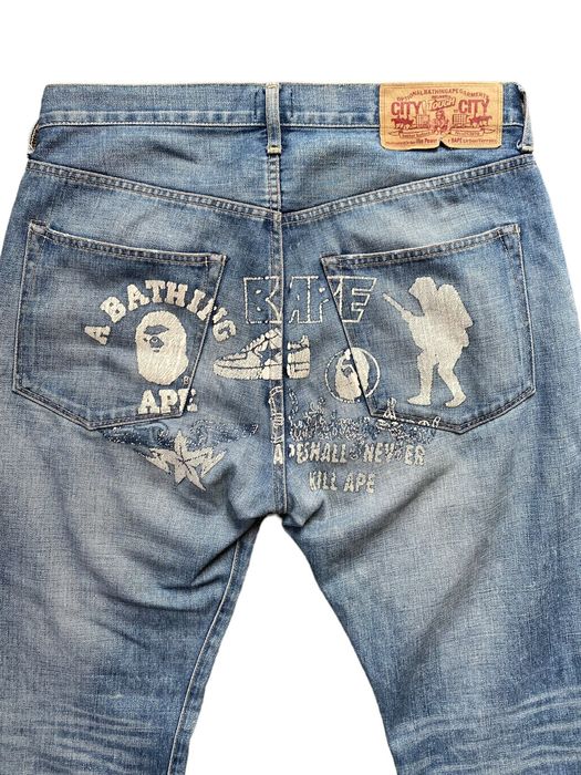 Bape A Bathing Ape Multi Logo Denim Jeans Light Wash Nigo Style | Grailed