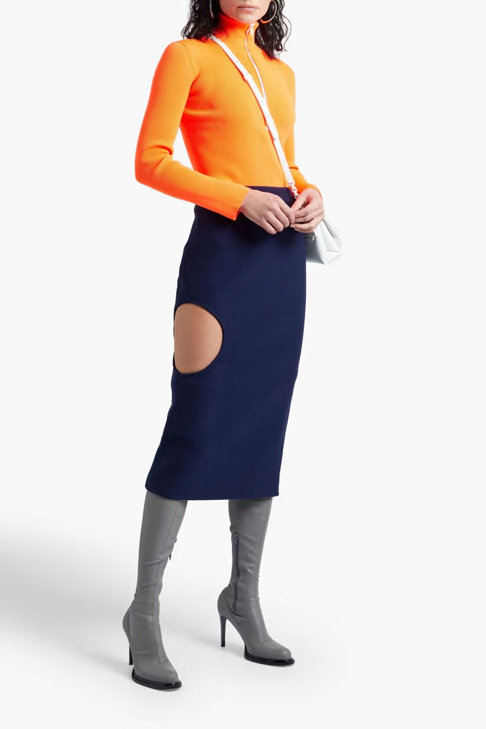 image of Off White Off-White Ribbed Wool Circle Cutout Midi Pencil Skirt 2 38 in Blue, Women's (Size 26)