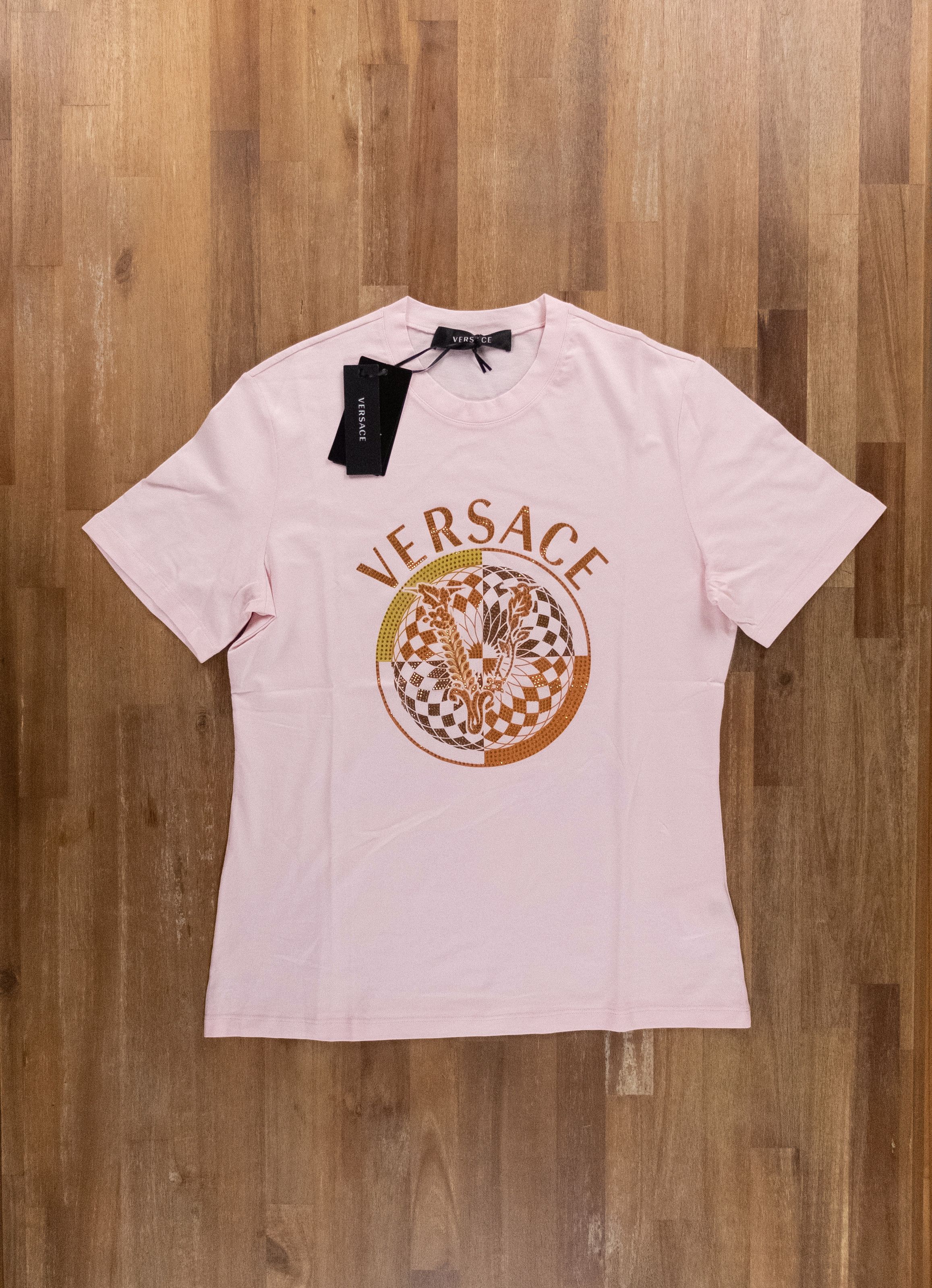 image of Versace Dusty Pink Logo And Stoned Emblem T-Shirt 6 42, Women's (Size Medium)