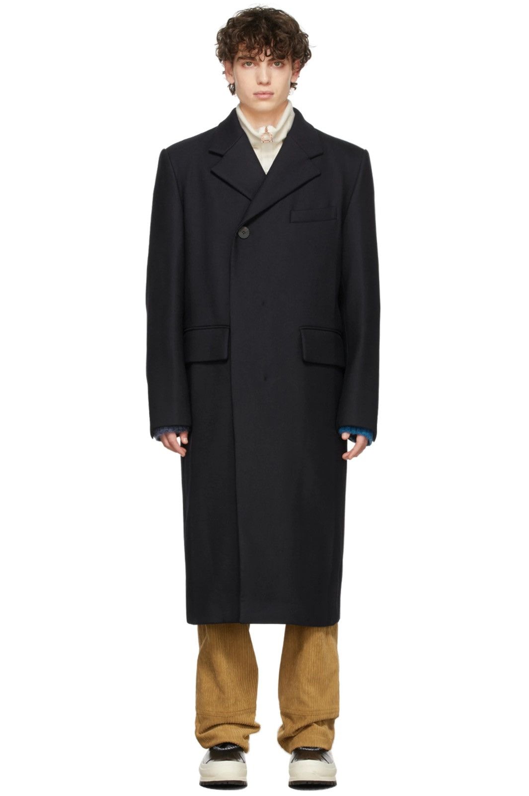 Wooyoungmi NEW 50 Navy Wool Cashmere Hidden Placket Oversized Long Coat Size US M / EU 48-50 / 2 - 2 Thumbnail