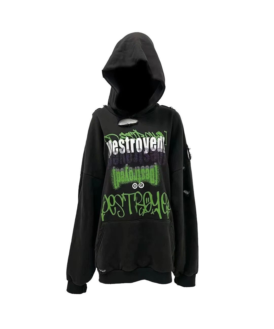 image of Archival Clothing x Individual Designer Roman Catcher Destroyed Hoodie in Washed Black (Size Large)