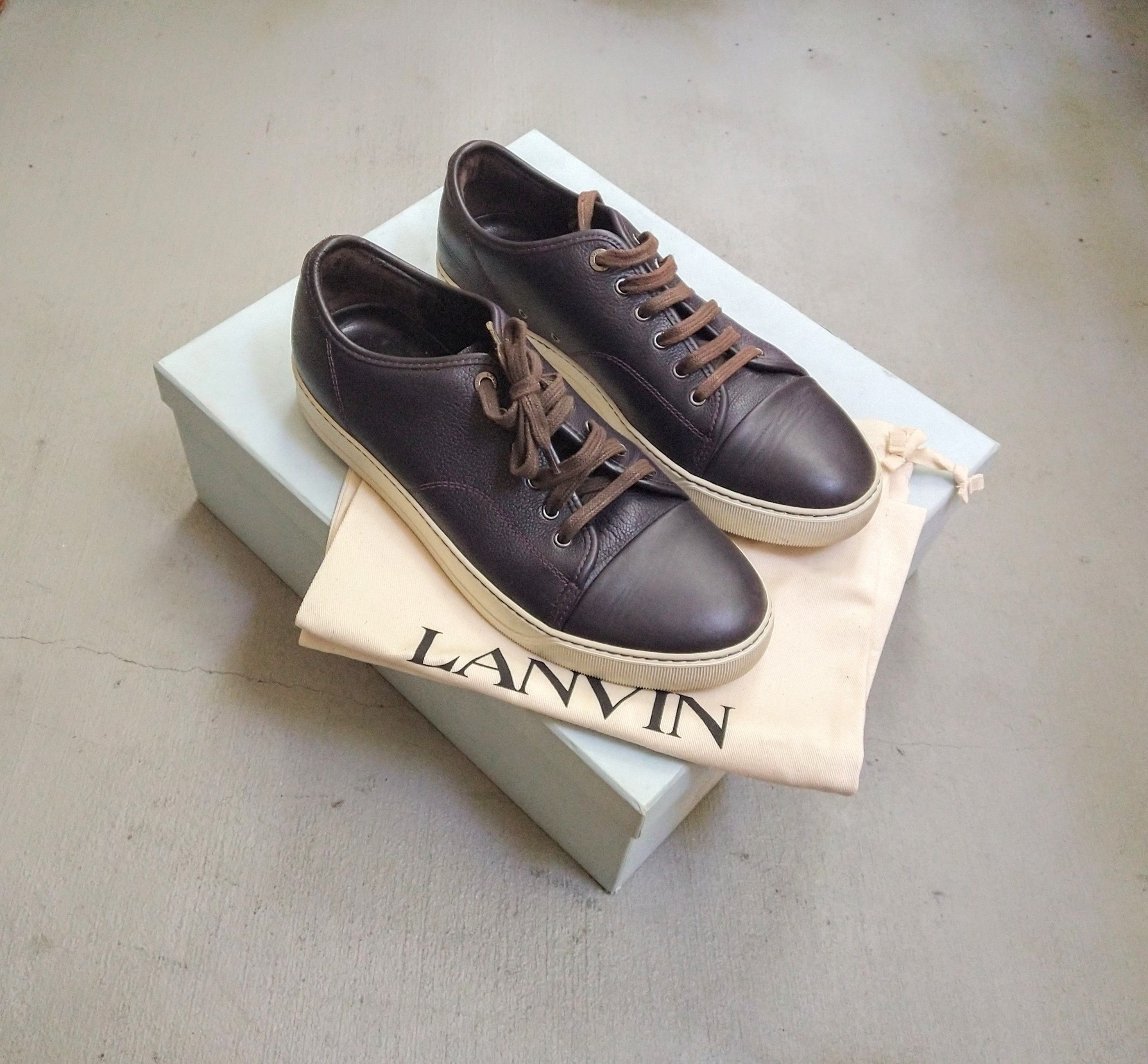 image of Lanvin Paris Sneakers Size 9 Brown Leather Pebbled Low Tops, Men's