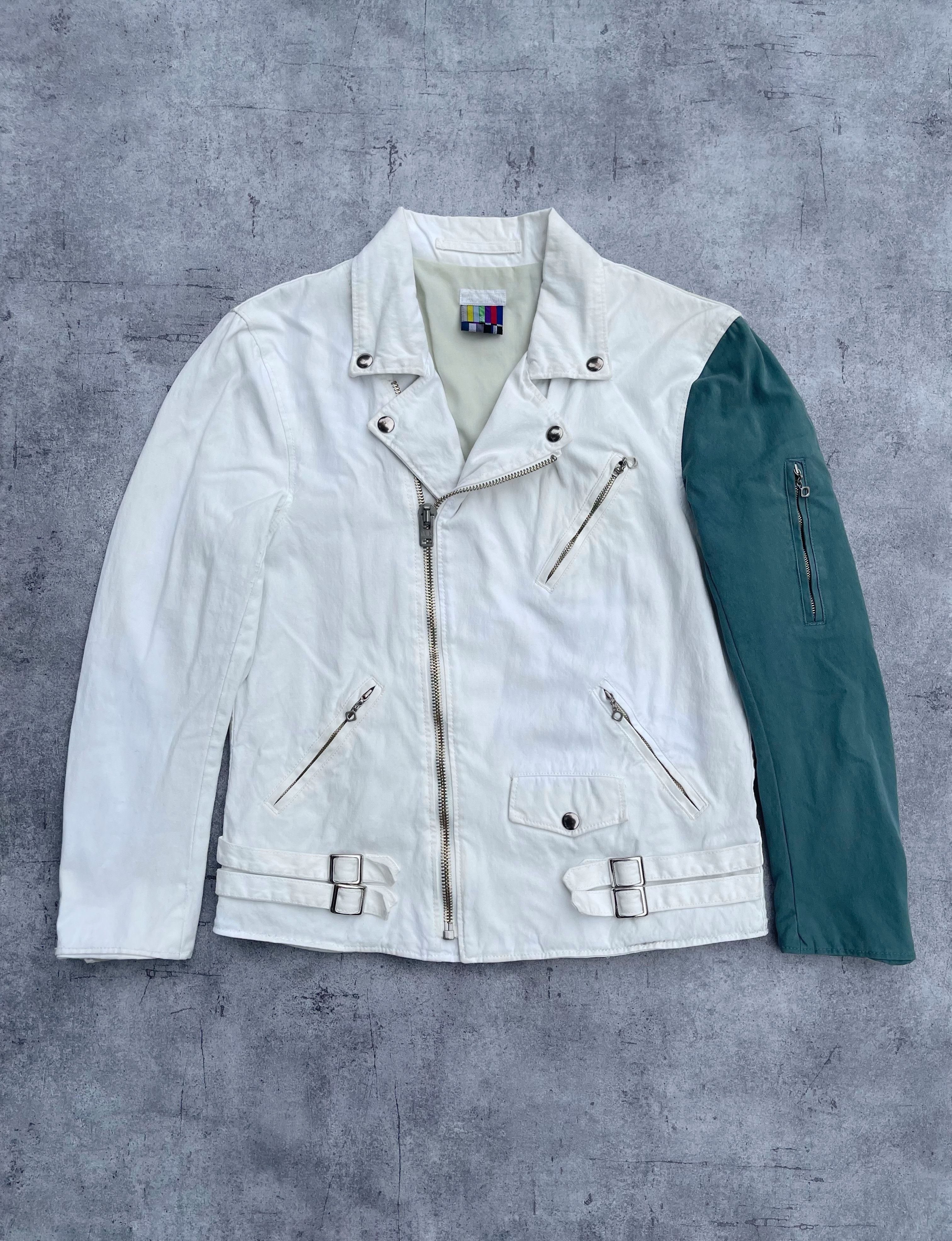 image of Facetasm Bi-Color Sleeve Denim Riders Jacket in Teal/White, Men's (Size Small)