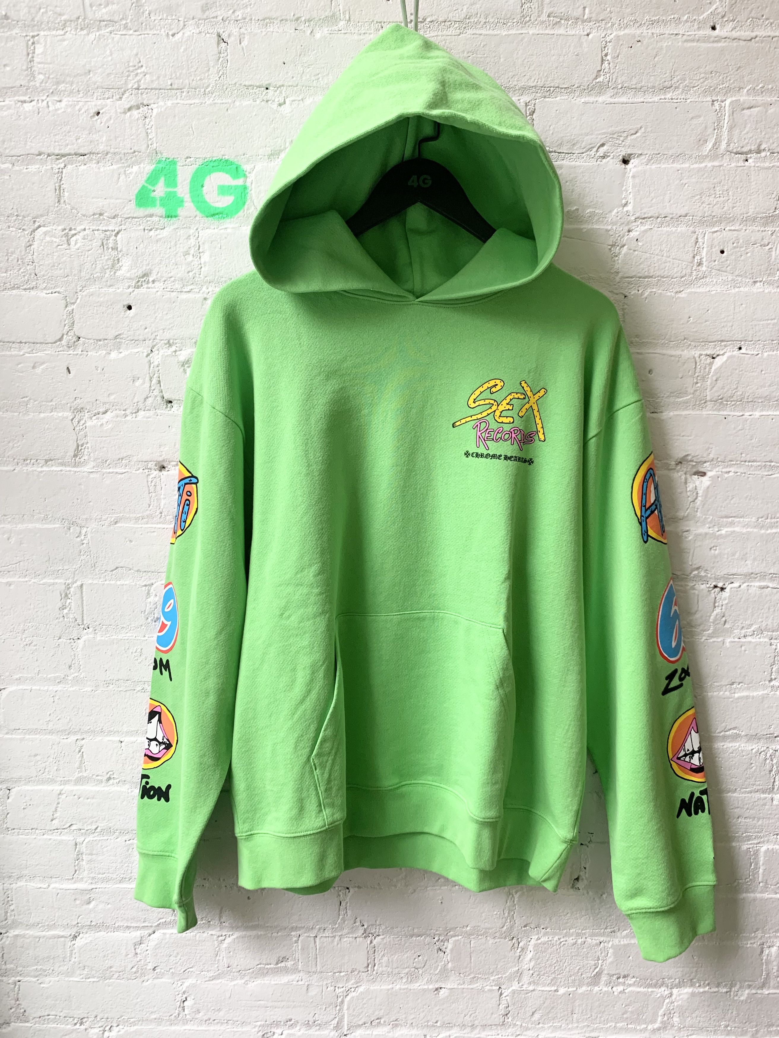 image of Chrome Hearts Lime Green Sex Records Hoodie, Men's (Size XL)