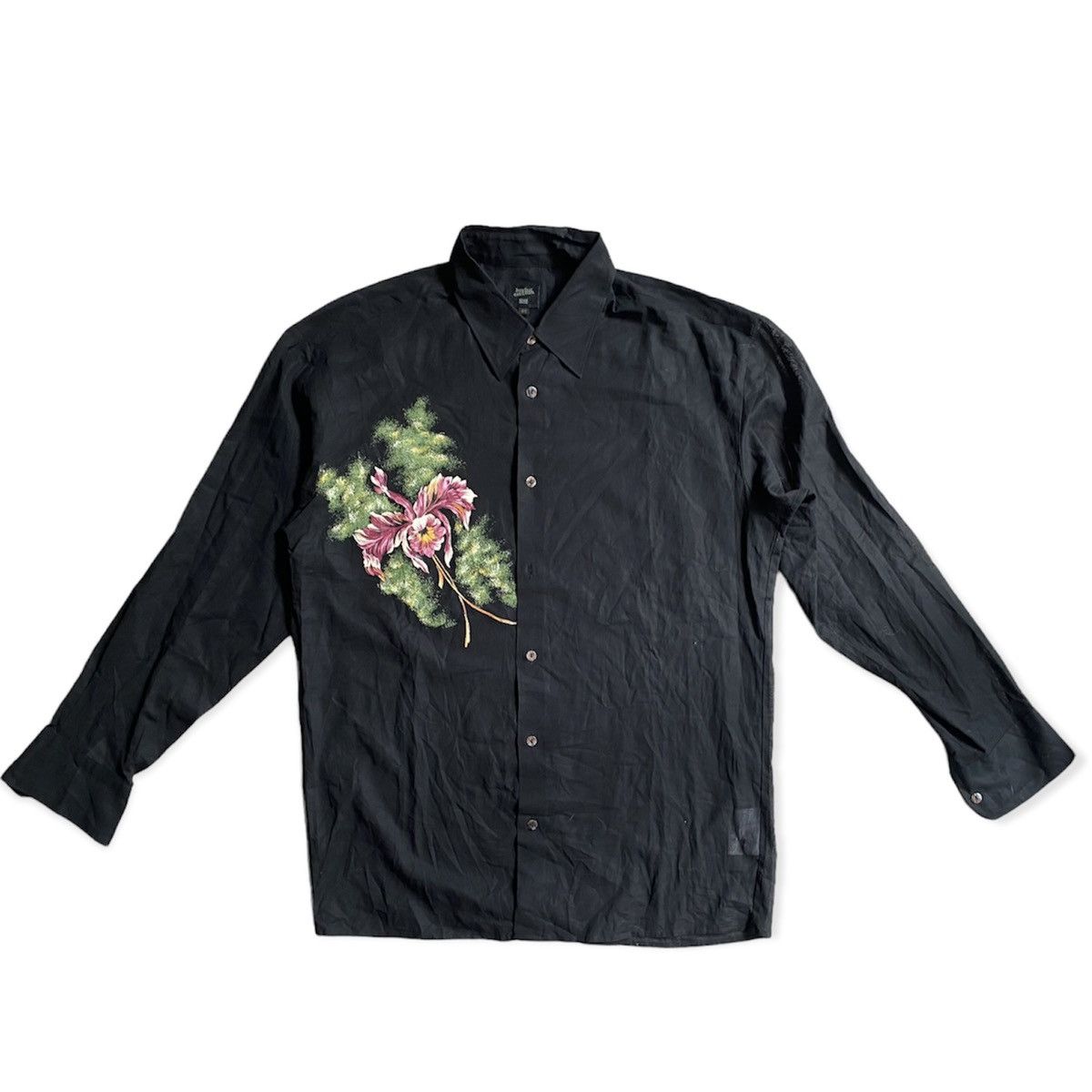 image of Jean Paul Gaultier Jpg Flower Print Black Semi Translucent Shirt, Men's (Size Medium)