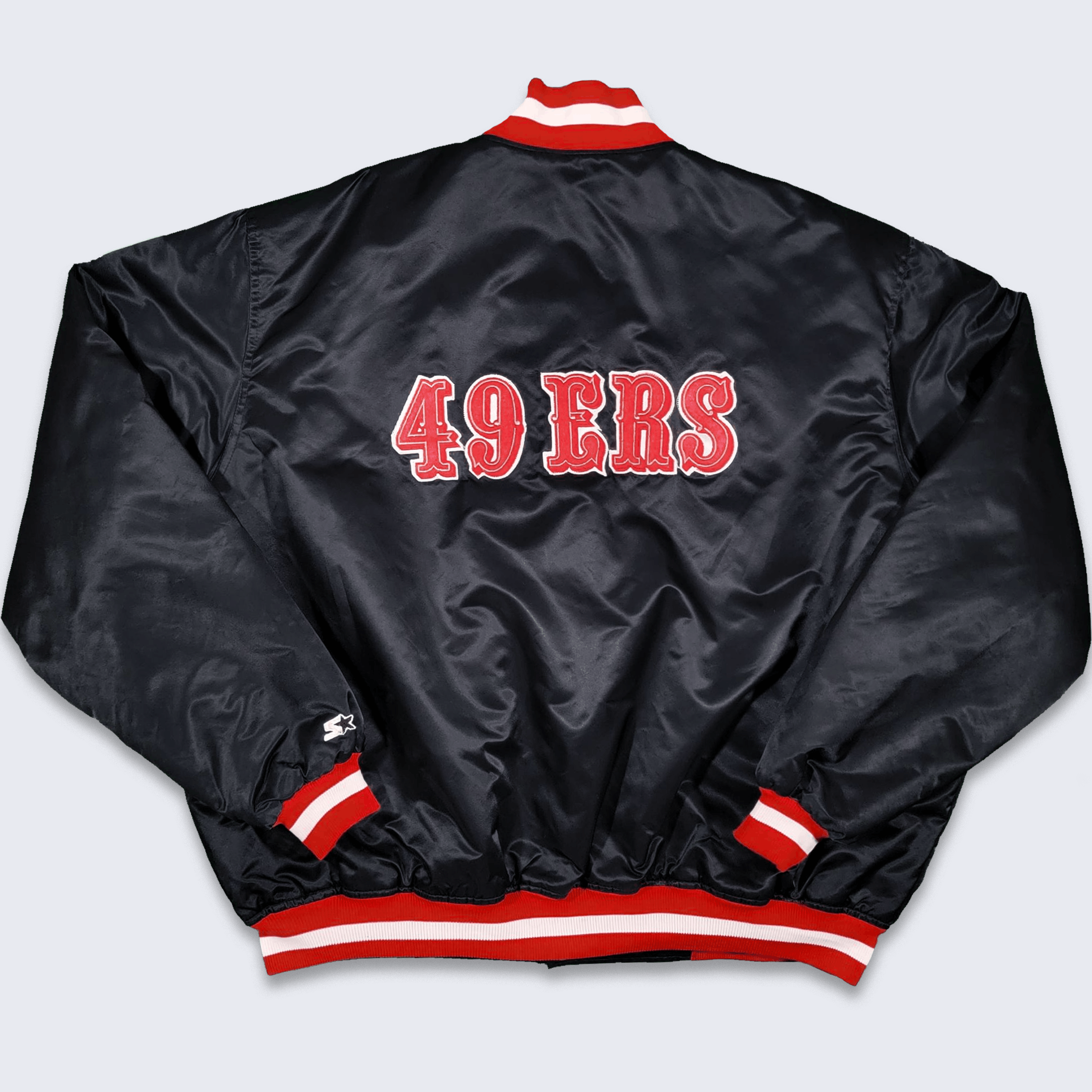 image of Nfl x Starter San Francisco 49Ers Vintage 80's Starter Satin Bomber Jacket in Black, Men's (Size 2X