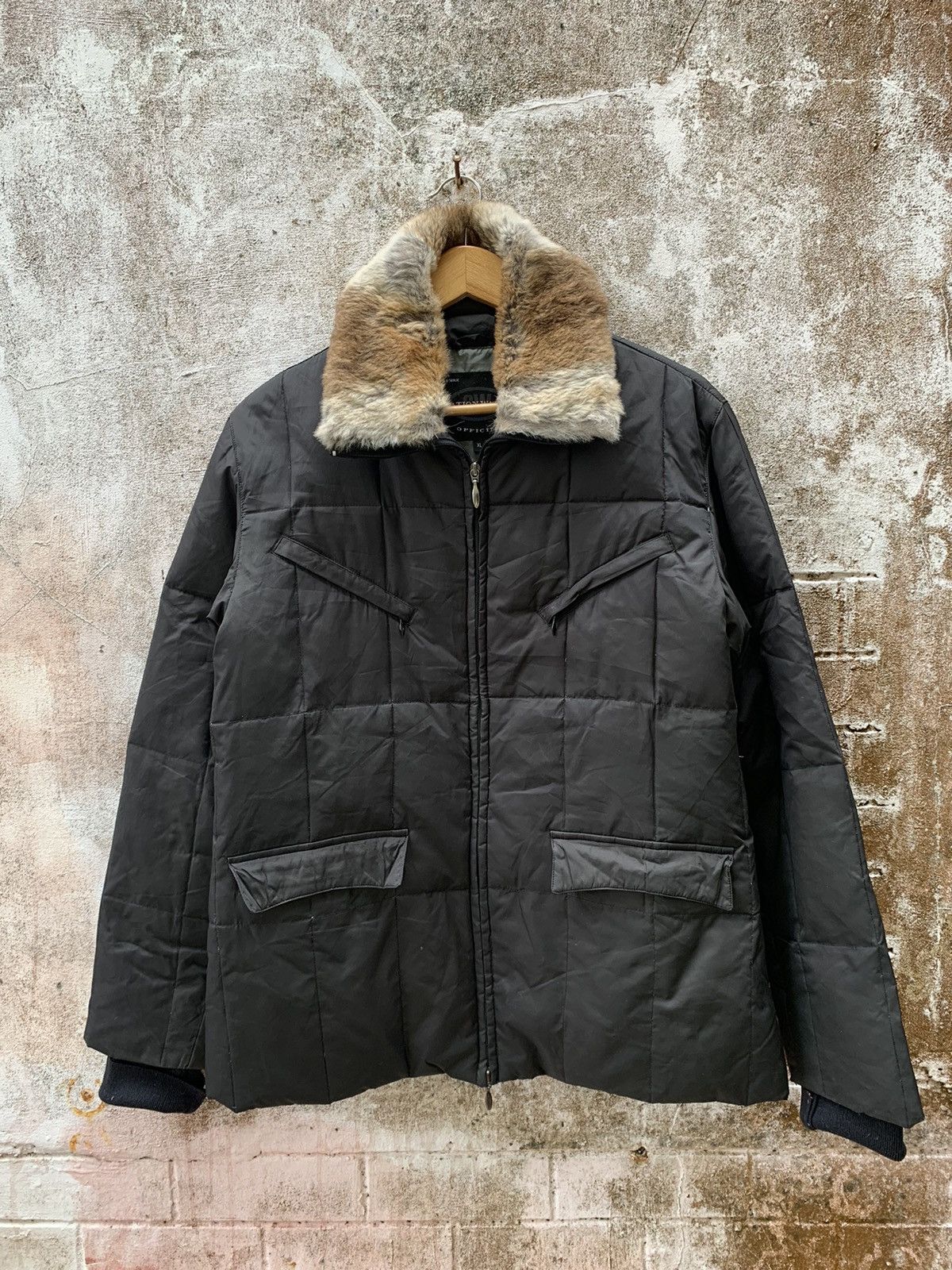 image of Officine Generale Down Jacket With Fur in Black, Men's (Size Large)