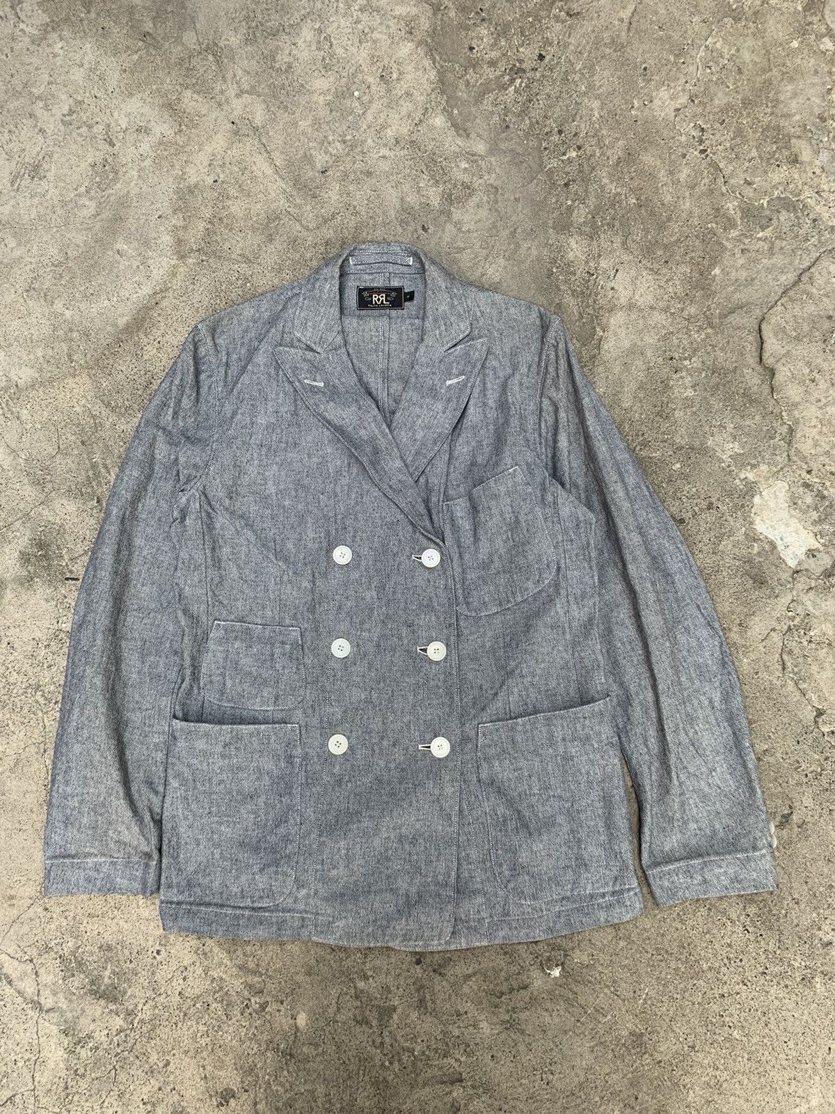 image of Rrl Ralph Lauren Rrl: Double Breasted Linen Coat in Grey/Blue, Men's (Size Medium)