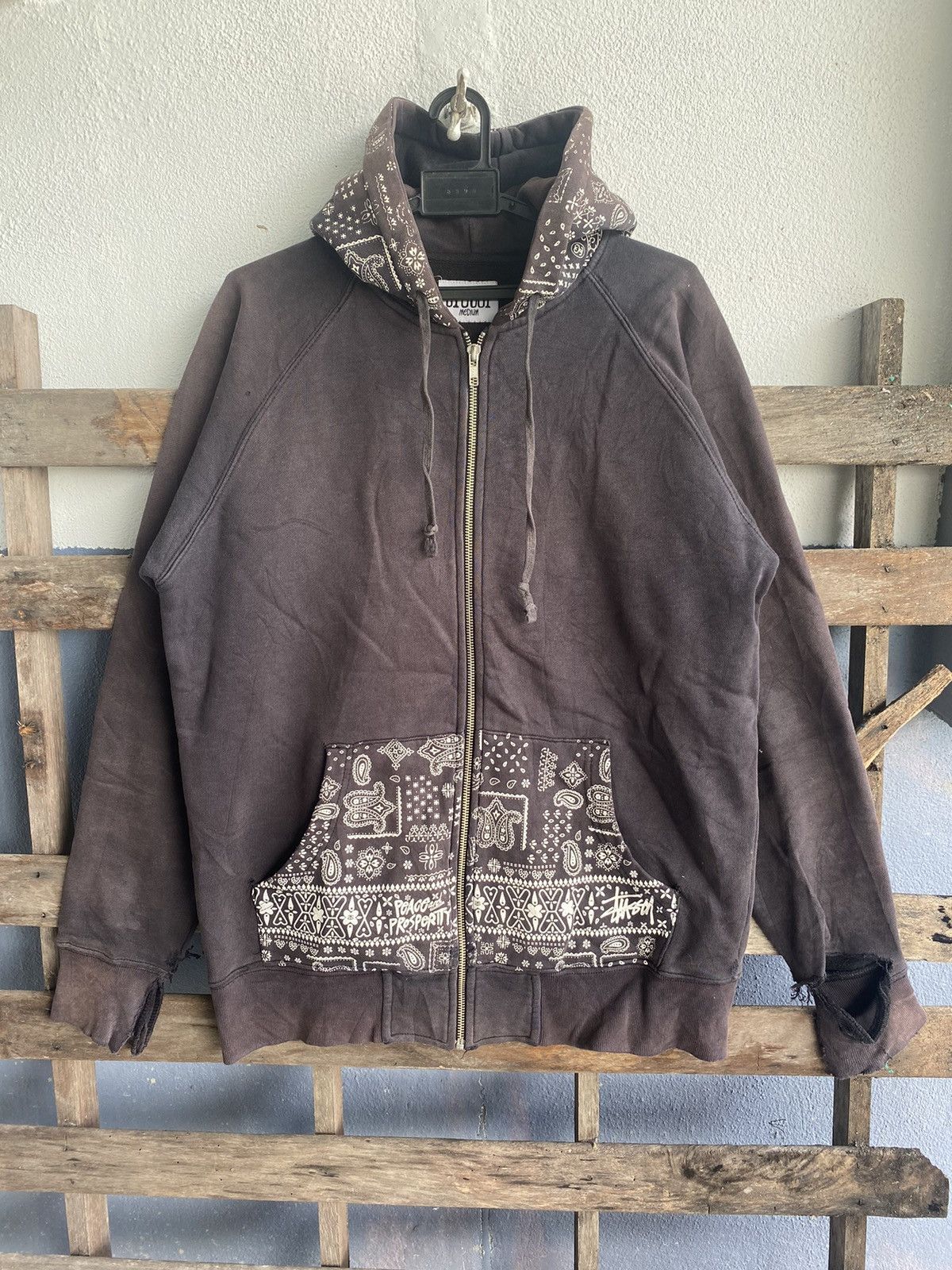image of Trashedvintage Stussy Paisley Sun Faded Hoodie Distressed in Black, Men's (Size Medium)