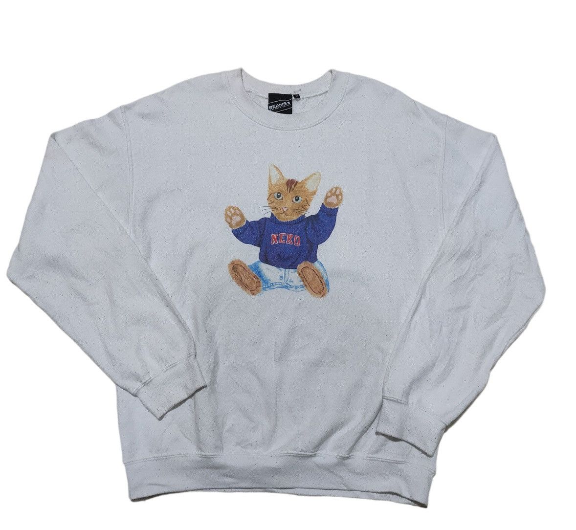 image of Designer beams Plus Neko Cat On White Sweatshirt, Men's (Size Large)