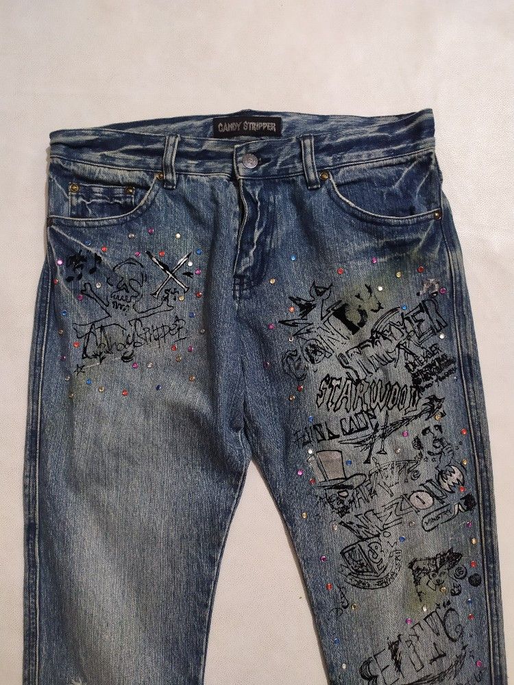 Japanese Brand 🔥Candy Stripper Japan Distressed Skull Skinny Jeans Pants Size US 29 - 2 Thumbnail