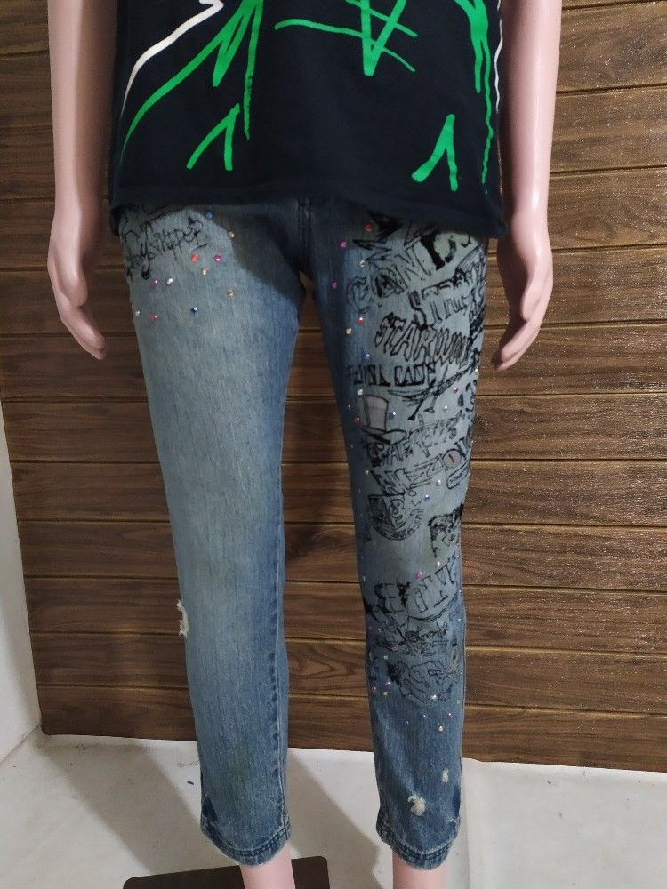 Japanese Brand 🔥Candy Stripper Japan Distressed Skull Skinny Jeans Pants Size US 29 - 15 Thumbnail