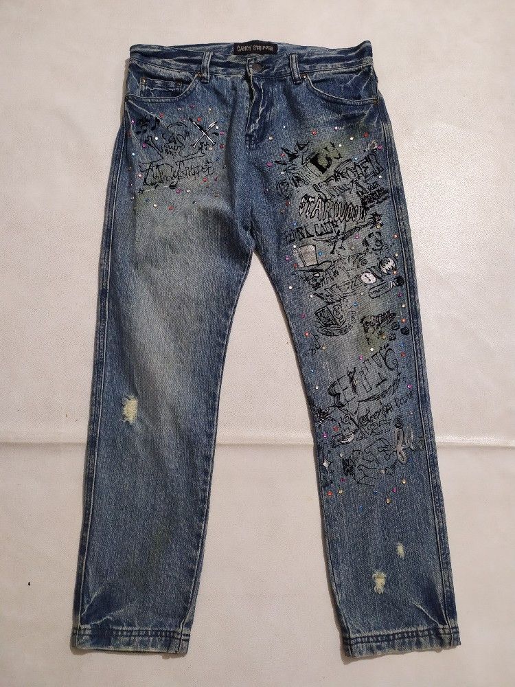 Japanese Brand 🔥Candy Stripper Japan Distressed Skull Skinny Jeans Pants Size US 29 - 1 Thumbnail