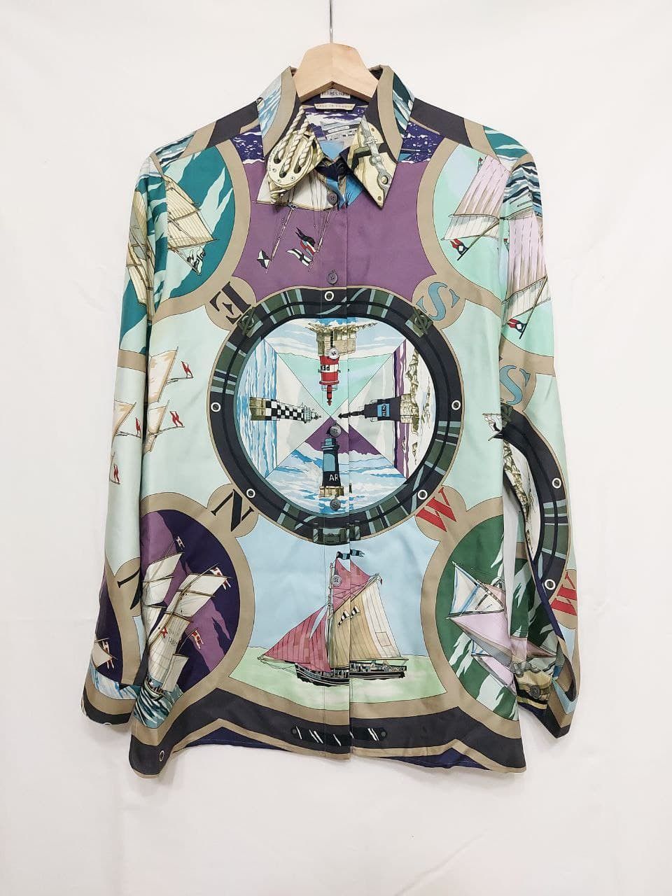 Image of Hermes x Maison Margiela Silk Sail Boat Lighthouse Print Silk Shirt, Women's (Size Small)