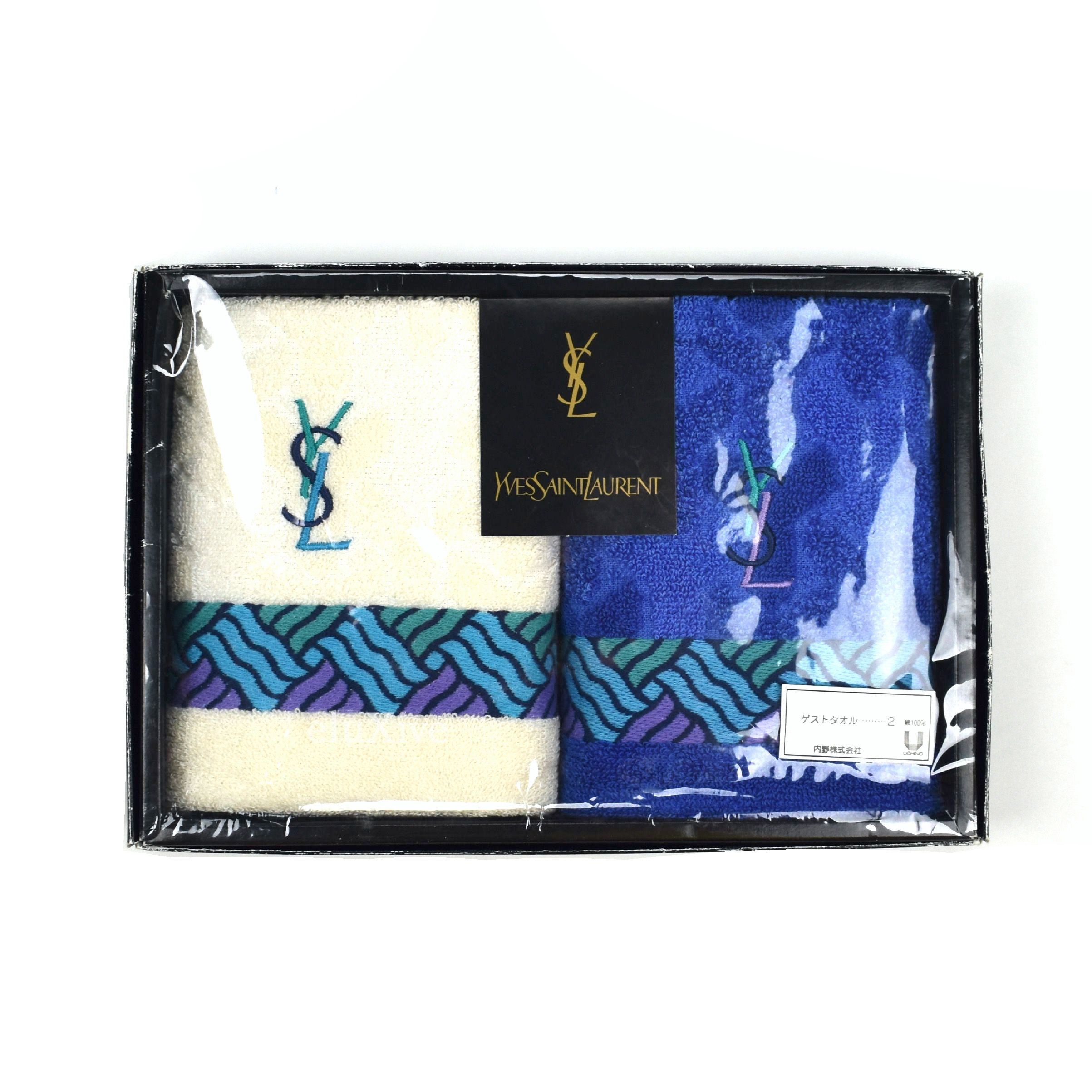 Pre-owned Saint Laurent Ivory/blue Set Of 2 Ysl Logo Hand Towels In Blue Ivory