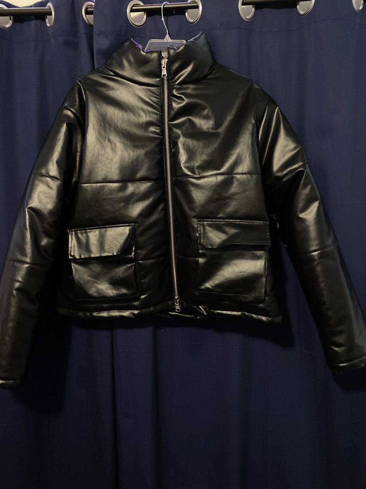 Black Leather Cropped Puffer Jacket