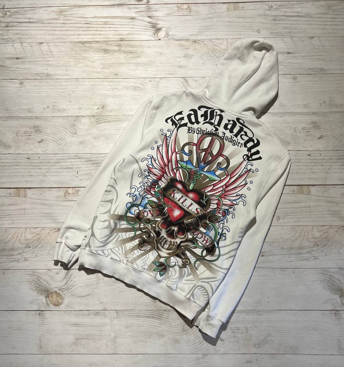image of Vintage Ed Hardy By Christian Audigier Full Zip Hoodie L in White, Men's (Size Large)