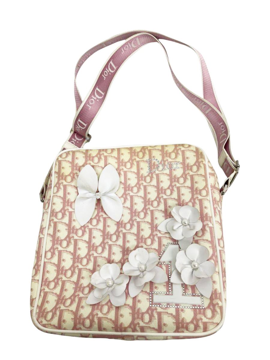 image of Christian Dior Pink Monogram Rhinestone Flower Shoulder Bag in Pink White, Women's