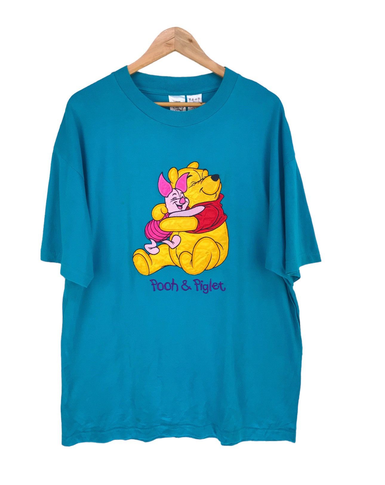 image of Beauty Beast x Disney Vintage 90's Pooh Disney Patch Embroidered Shirt in Turquoise Blue (Size XL)