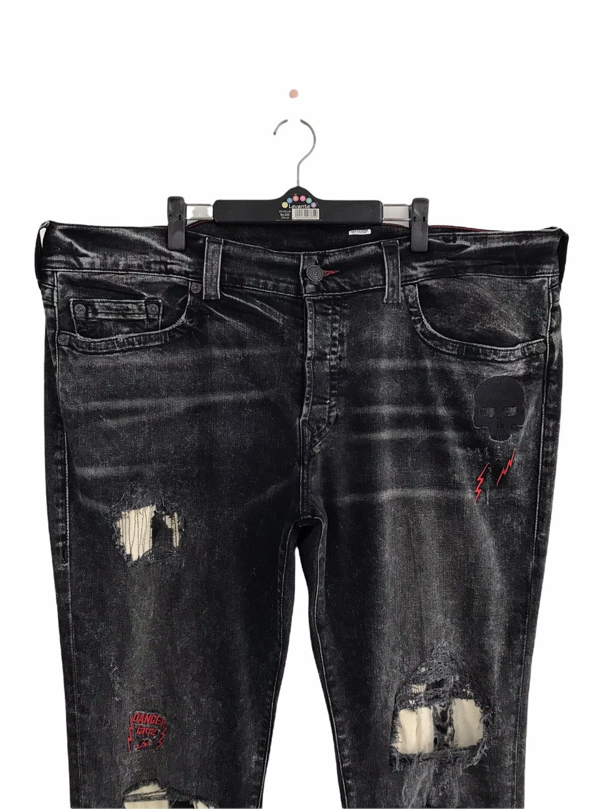 True Religion Black Acid Wash Skull Embroidery Stretch Skinny Jeans Size US 38 / EU 54 - 2 Thumbnail