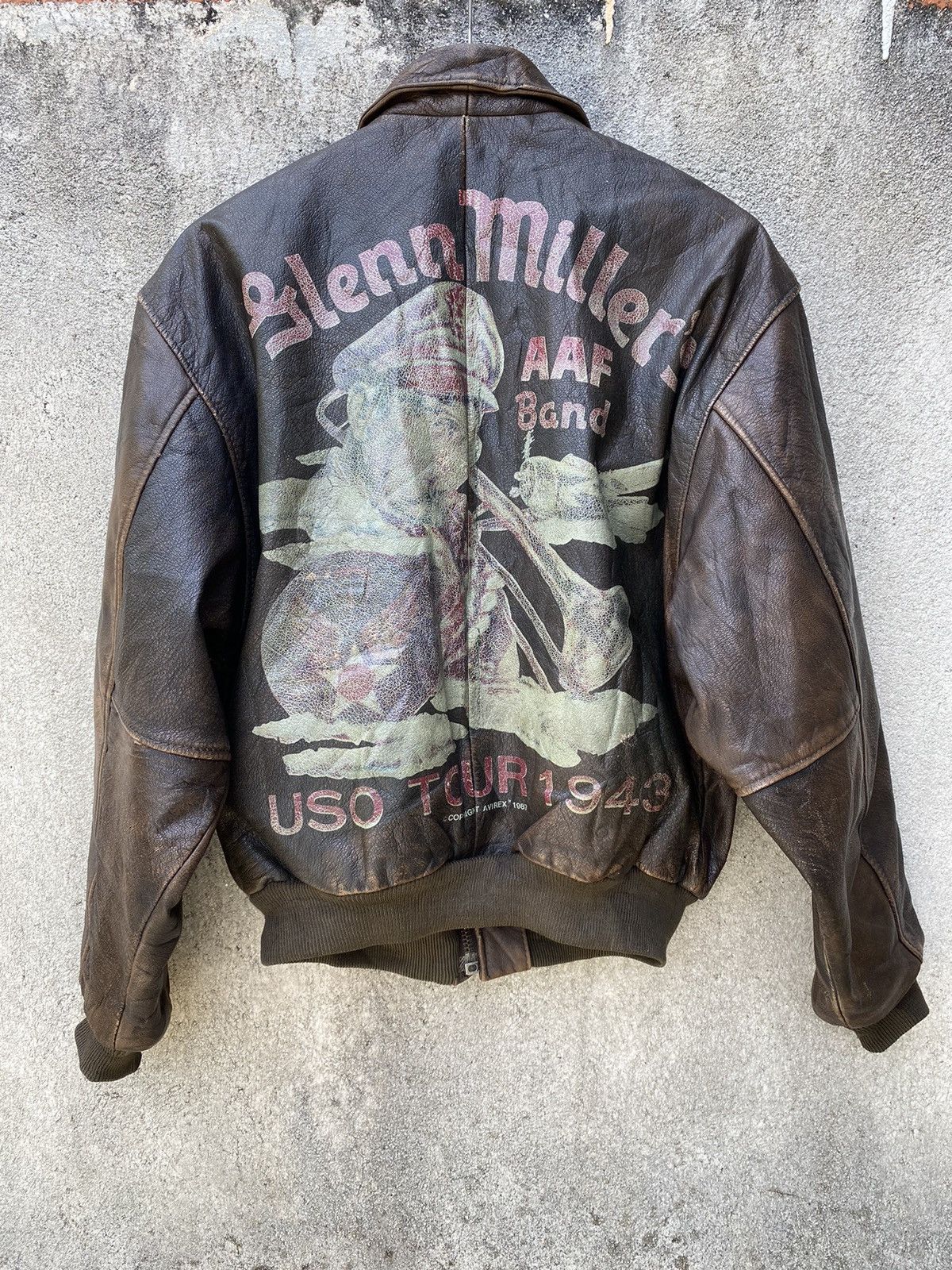image of 1980’S Avirex Glenn Miller Aaf Band Leather Bomber Jacket in Brown, Men's (Size Small)