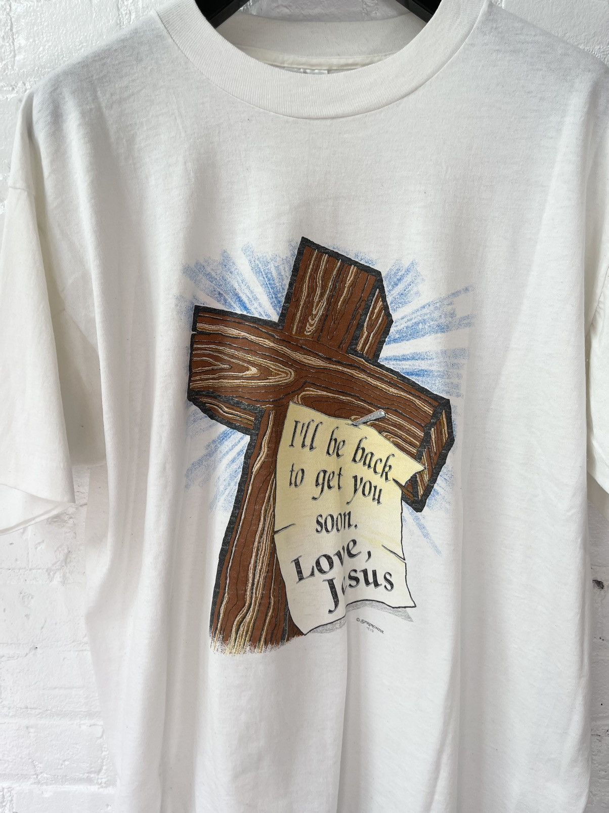 image of Religion x Vintage God I’Ll Be Back 2 Get You Soon Cross Jesus Shirt in White, Men's (Size XL)