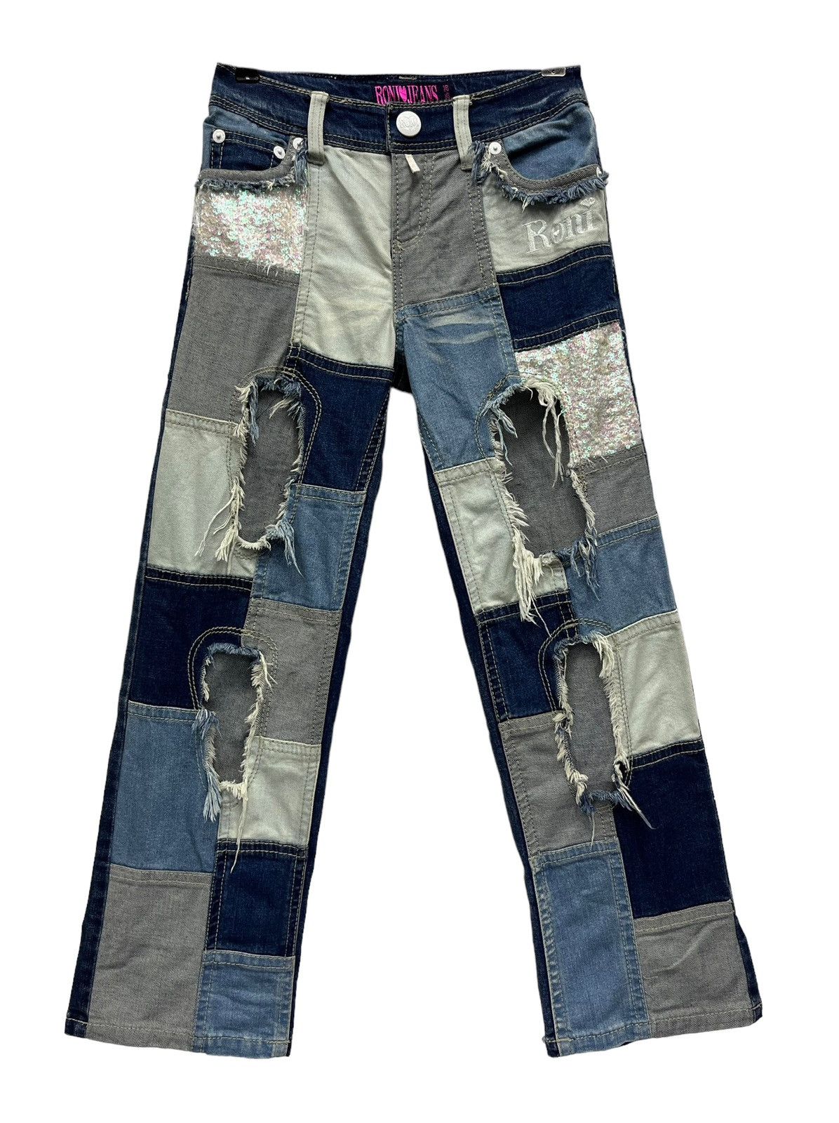 image of Hysteric Glamour Roni Sequin Patchwork Blow Out Stretch Denim Cropped Style in Blue, Women's (Size 
