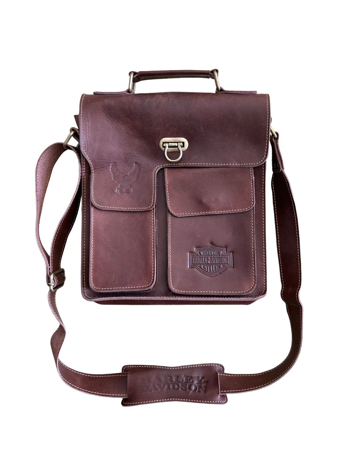 Genuine Leather × Harley Davidson × Indian Motorcycle 1970s Harley Davidson 🦅 Engraved Logo Crossbody Sling Bag Size ONE SIZE - 1 Thumbnail