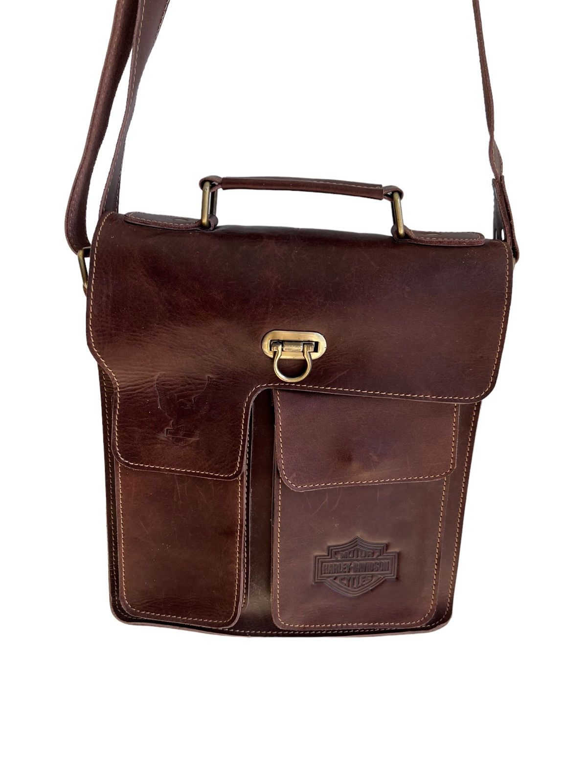 Genuine Leather × Harley Davidson × Indian Motorcycle 1970s Harley Davidson 🦅 Engraved Logo Crossbody Sling Bag Size ONE SIZE - 5 Thumbnail