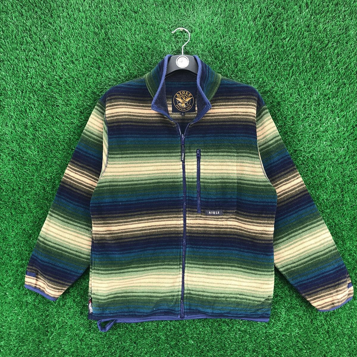image of Vintage Aigle Fleece Multicolor Shadow Striped Zipper Jacket, Men's (Size Medium)
