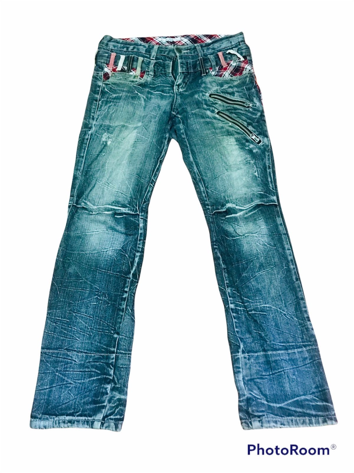 Japanese Brand “Vintage Distressed Blue Jeans with Plaid Accents & Zipper Size US 32 / EU 48 - 1 Thumbnail
