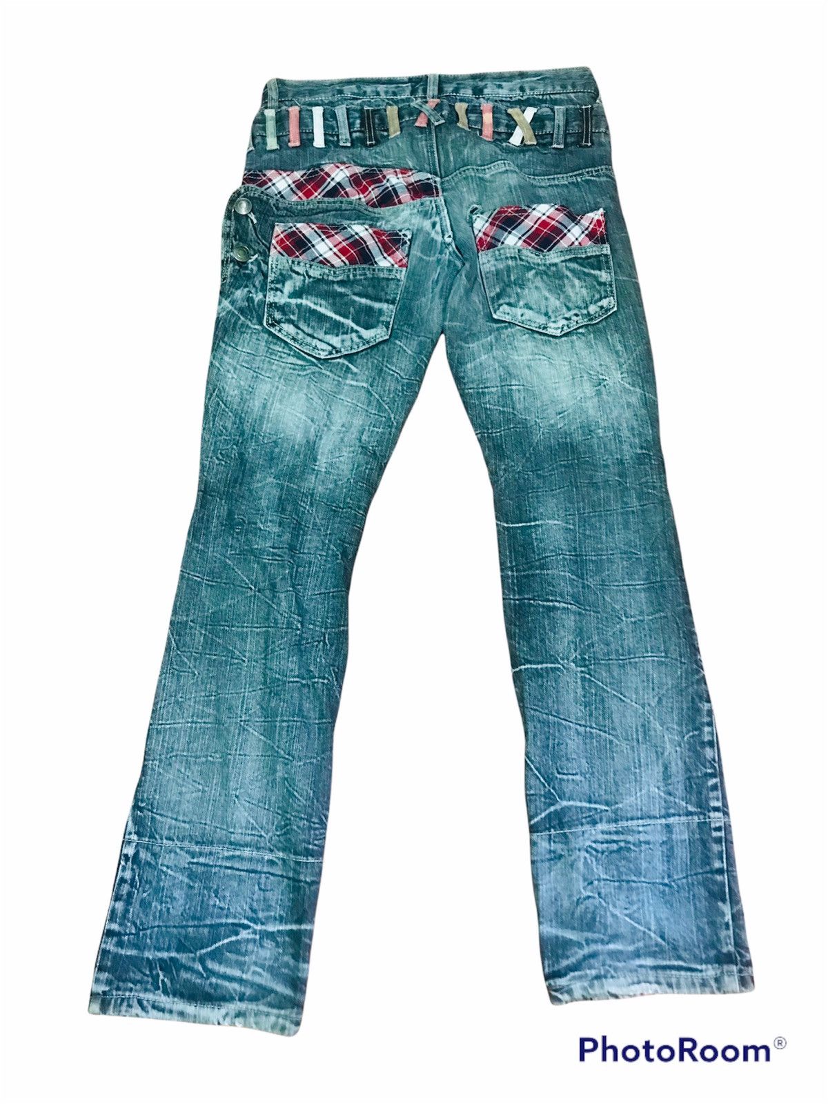 Japanese Brand “Vintage Distressed Blue Jeans with Plaid Accents & Zipper Size US 32 / EU 48 - 2 Thumbnail