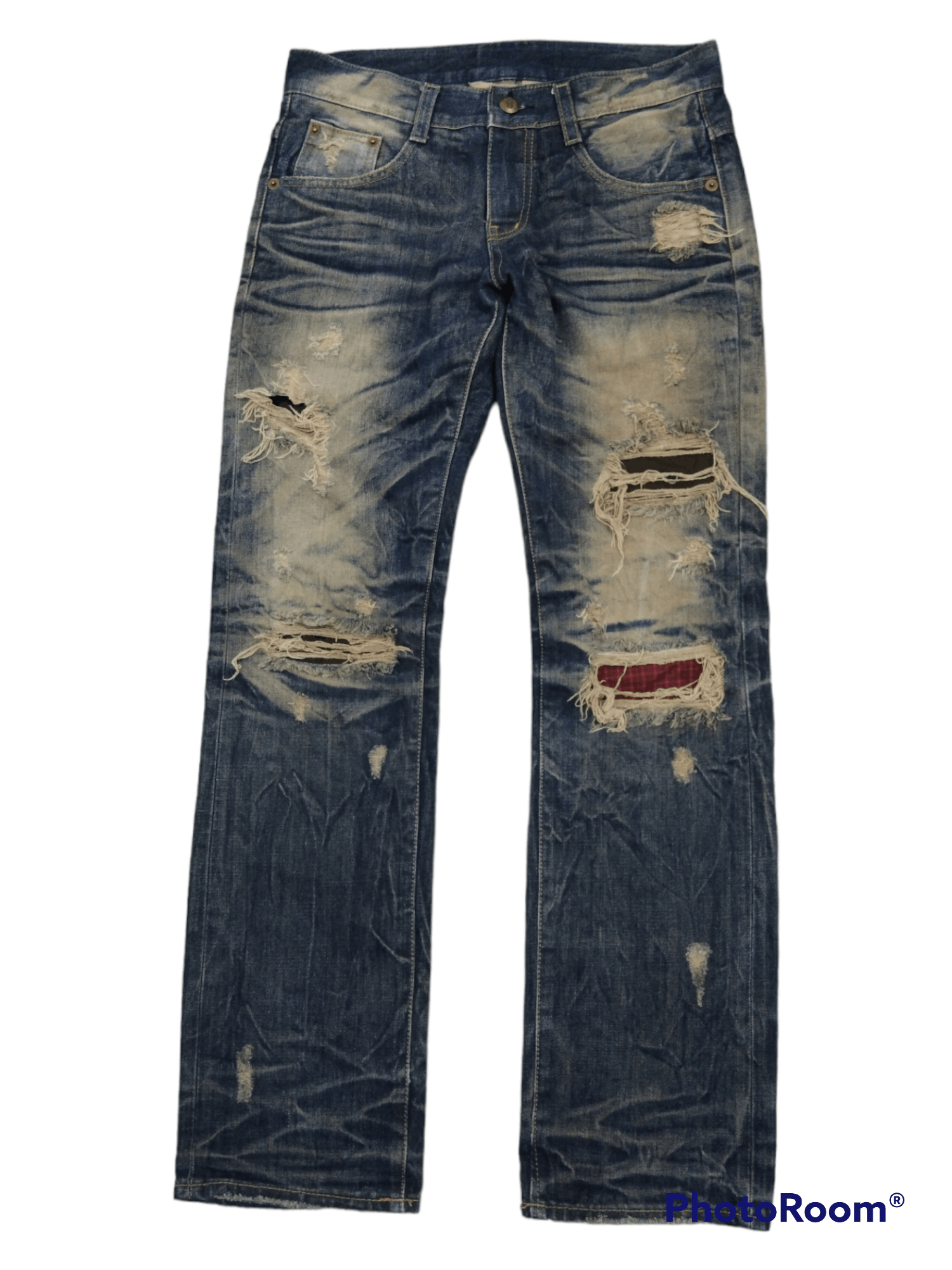 image of Distressed Denim x Kurt Cobain Sick Riped Pacthwork Starnik Denim Pants in Blue Distressed (Size 32