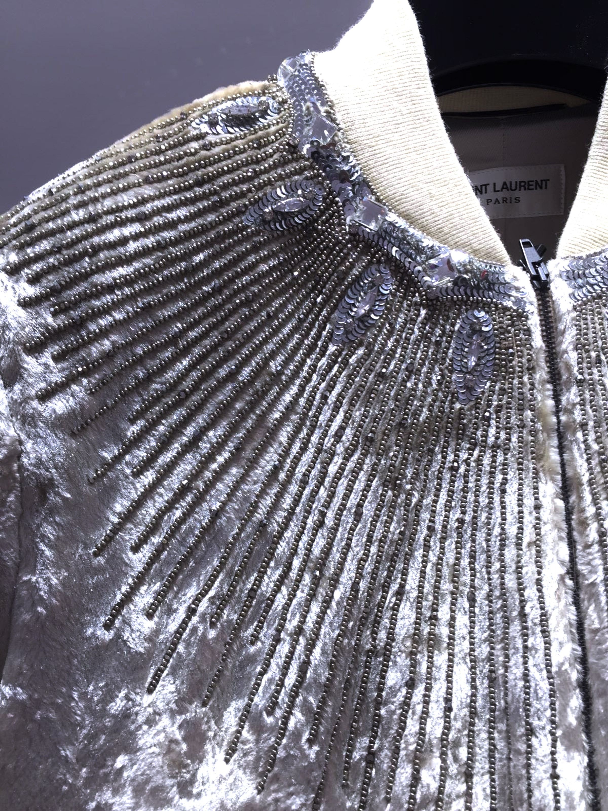 image of Hedi Slimane x Saint Laurent Paris Grail Sequin Crystal & Bead Embellished Velvet Teddy Jacket in S