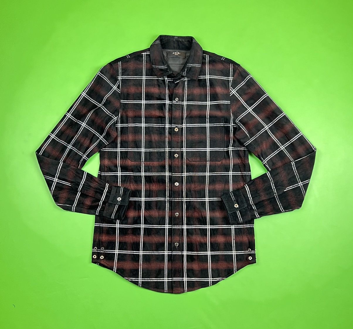 image of Amiri Leather Checked Shirt Made In Usa in Checkered, Men's (Size Medium)