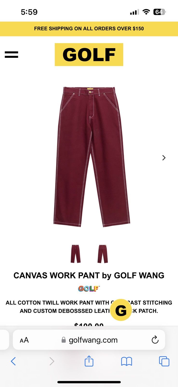 image of Golf Wang Pants in Burgandy, Men's (Size 36)