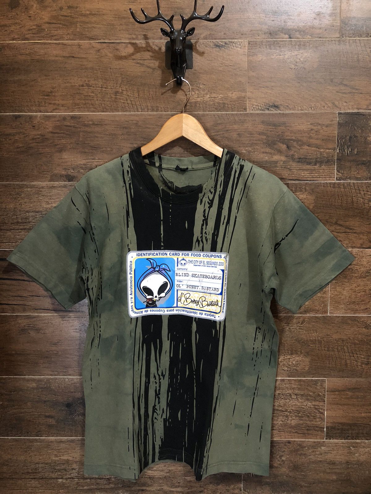 image of Hook Ups x Powell Peralta Vintage Blind Skateboards Ol Boney Bastard T Shirt in Army Green (Size Me