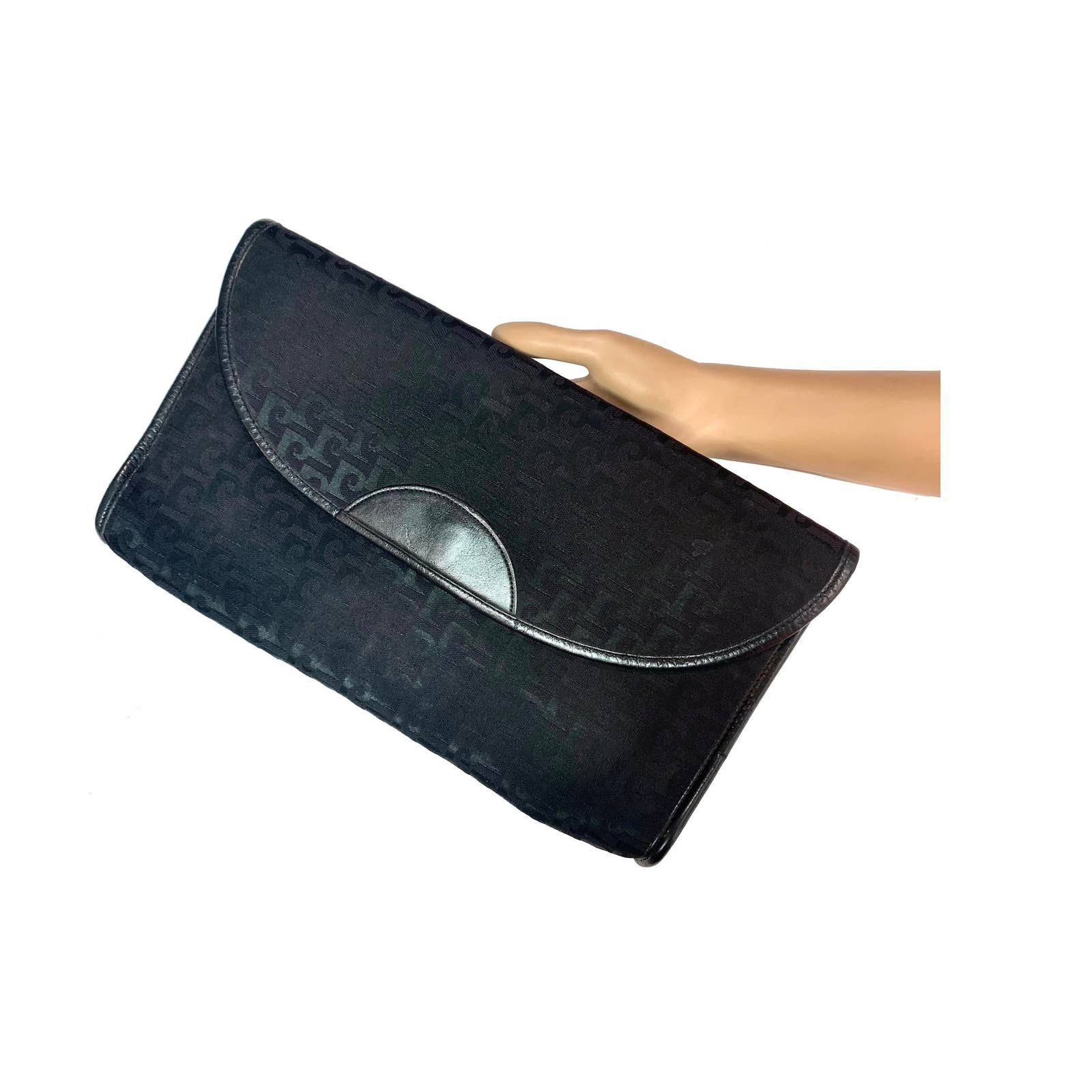 image of Genuine Leather x Pierre Cardin 70's Large Pierre Cardin Black Monogram & Leather Clutch, Women's