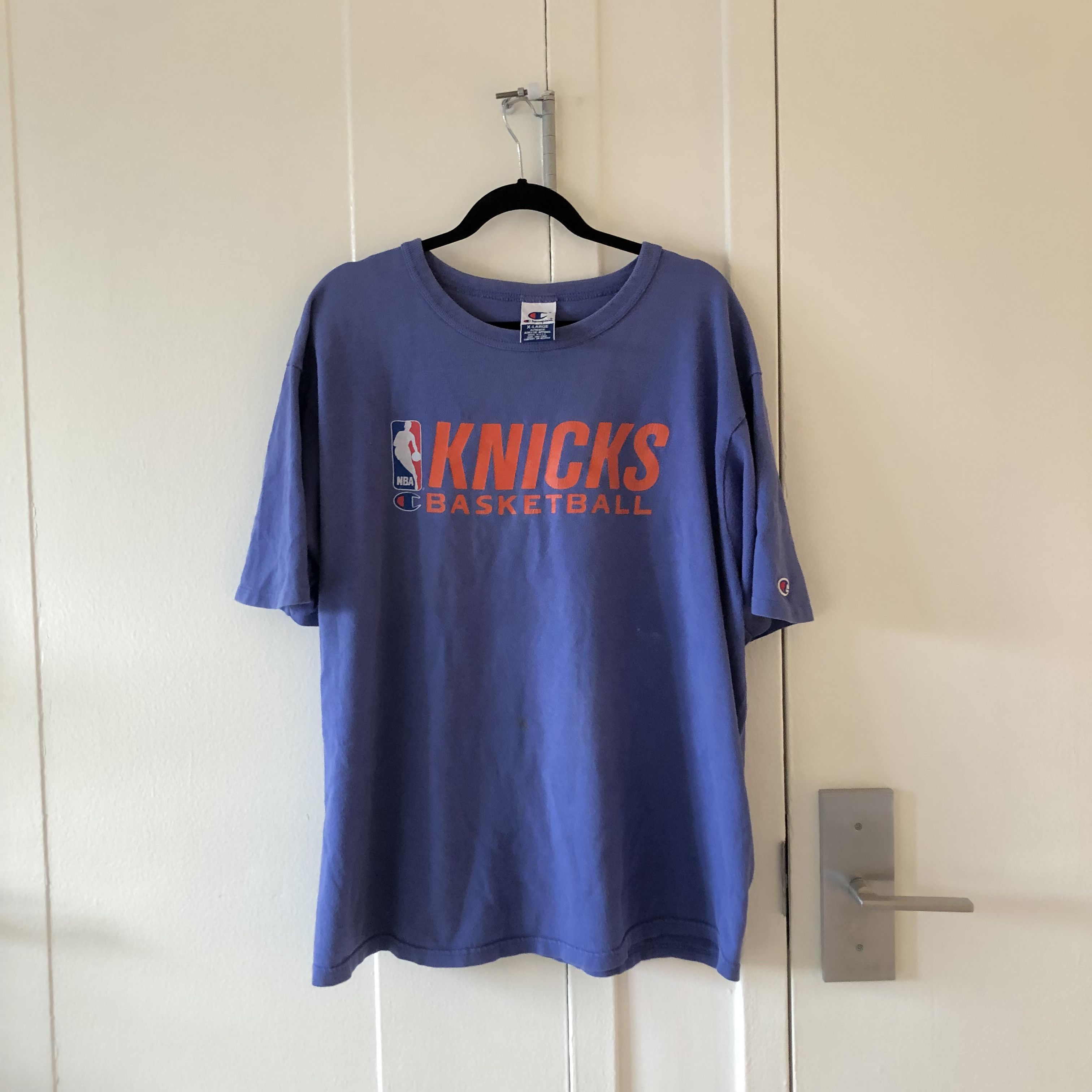 image of Vintage Champion X New York Knicks Logo Tee in Blue, Men's (Size XL)